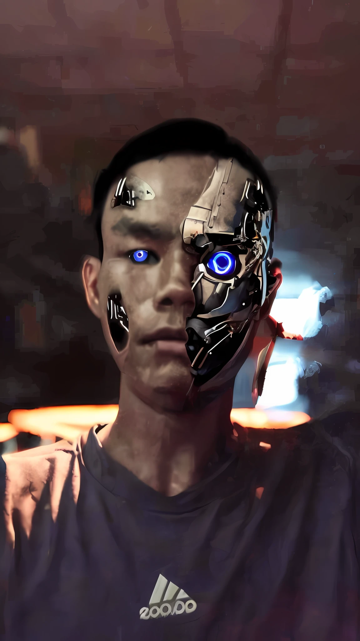 arafed man with a robot mask on his face, human with one robot eye, cyberpunk face, with robotic parts on his face, robotic face, movie still of a cool cyborg, robot with human face, symmetry!! portrait of cyborg, portrait of a cyborg, human like a cyborg, attractive sci - fi face, robot face, correct robot face