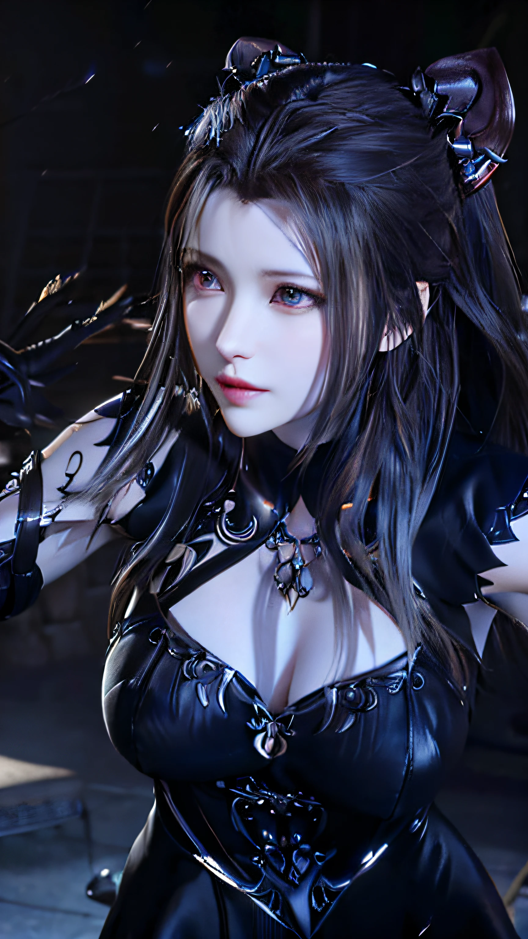 Close-up of a cat-eared woman in a black dress, 8K high quality detail art, 3D rendered character art 8 K, 4K detail fantasy, game CG, Artgerm; 3D Unreal Engine, smooth anime CG art, wearing shiny breastplates, ultra-detailed fantasy characters, 8K art bacteria bokeh, portrait of Tifa Lockhart,