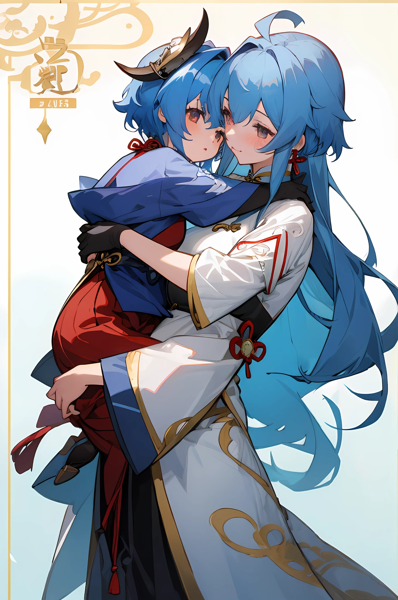 anime image of two women dressed in traditional china clothing in winter, Cheongsam, palace a girl in hanfu, wlop and sakimichan, medium hair, blue haired deity, characters from azur lane, anime fantasy illustration, from the azur lane videogame, genshin, artwork in the style of guweiz, cultivator detailed art, two beautiful anime girls, mother and child, symbol of maternal love, mother and child, such as photos of mother and child