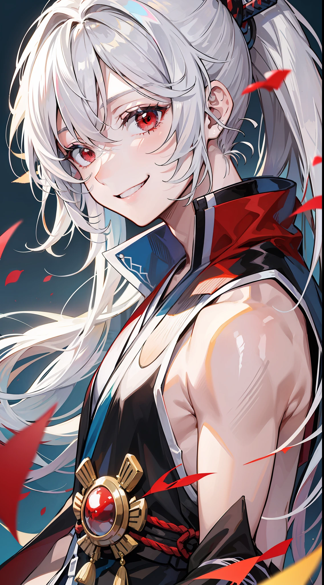 Young guy, long white hair, high ponytail, red eyes, blue sleeveless samurai kimono, smile, masterpiece, high quality