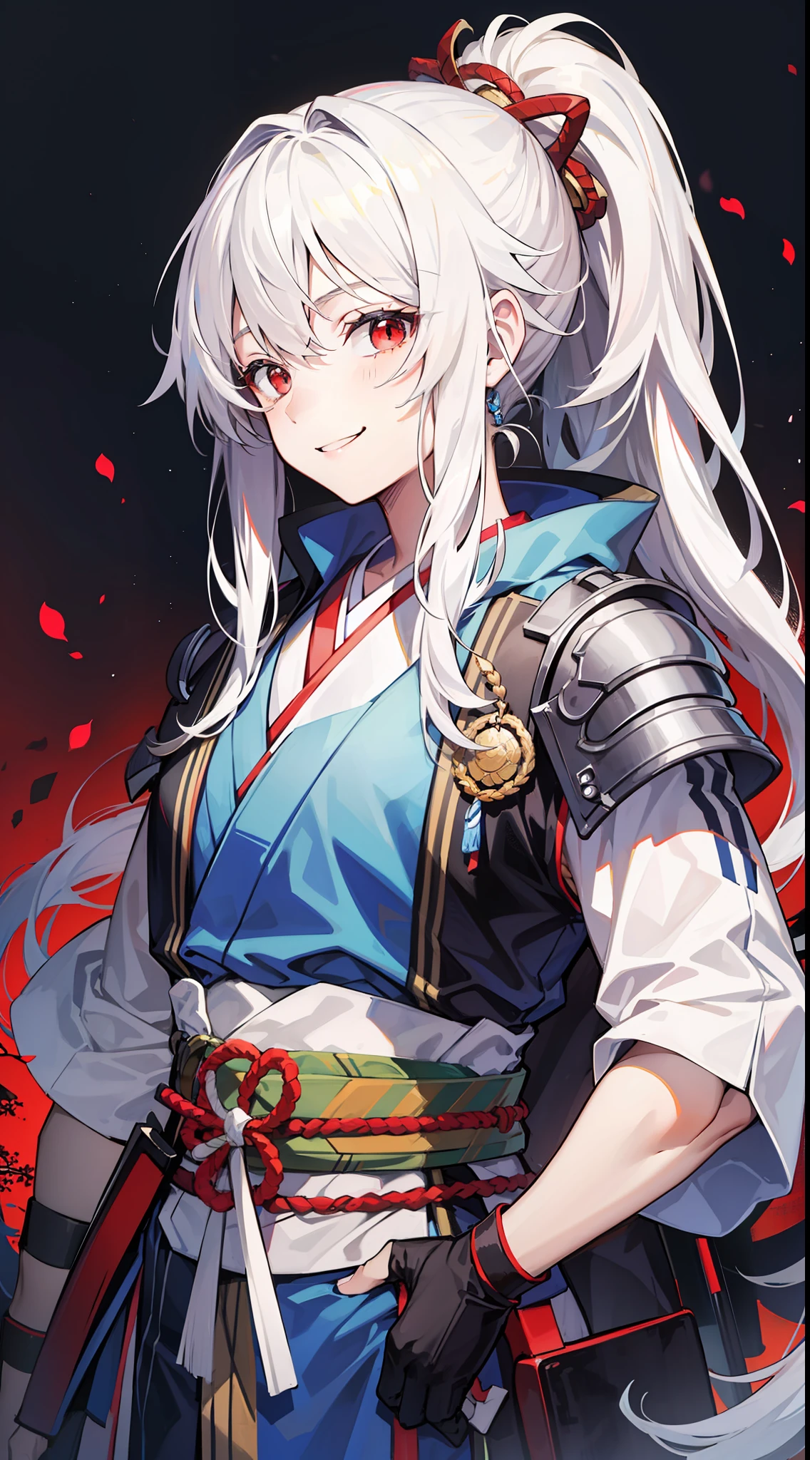 Young guy, long white hair, high ponytail, red eyes, blue sleeveless samurai kimono, smile, masterpiece, high quality