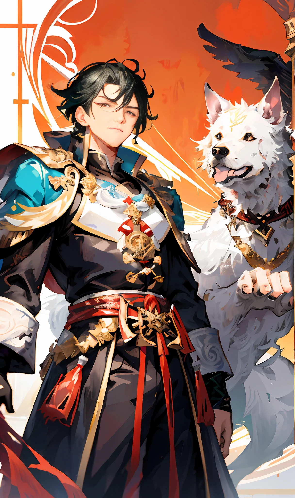anime character with a white dog and a man in a red cape, genshin, keqing from genshin impact, zhongli from genshin impact, casimir art, genshin impact character, by Yang J, shigenori soejima illustration, taisho roman, genshin impact, official character illustration, handsome guy in demon slayer art, high detailed official artwork
