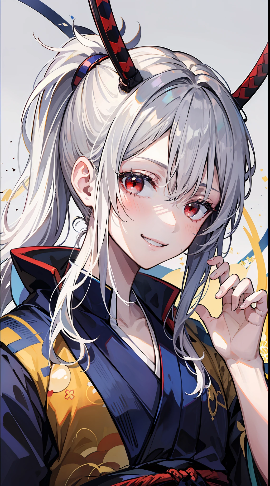 Young guy, long white hair, high ponytail, red eyes, blue sleeveless samurai kimono, smile, masterpiece, high quality