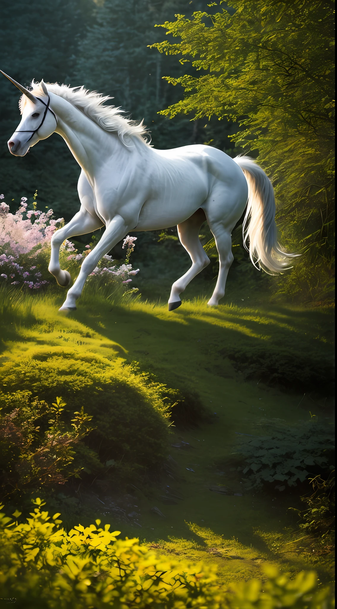 Extremely detailed wallpaper, white unicorn running in green forest, dynamic pose, spring, morning, beam, flowers, (intricate detail: 1.12), HDR, (intricate detail, ultra-detail: 1.15), (cinematic appearance: 1.4), soothing tones, crazy detail, intricate detail, ultra-detailed, low contrast, soft cinematic light, dull colors, exposure blending, HDR, faded, slate gray vibe