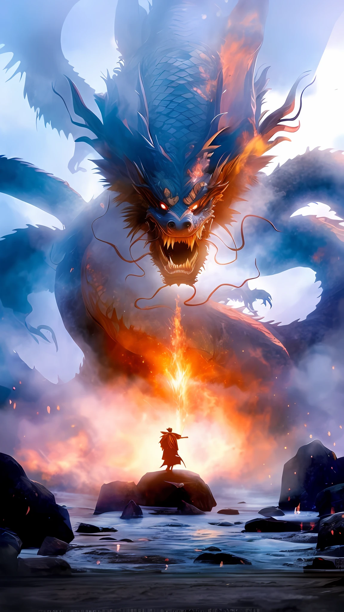 arafed image of a man sitting on a rock in front of a giant dragon, dragon in the background, epic dragon, battle with dragon, god of dragons, ''dragon breathing fire, dragon blowing fire above, chinese fantasy, dragon breathing fire, chinese dragon concept art, dragon flying in the background, man with the soul of a dragon