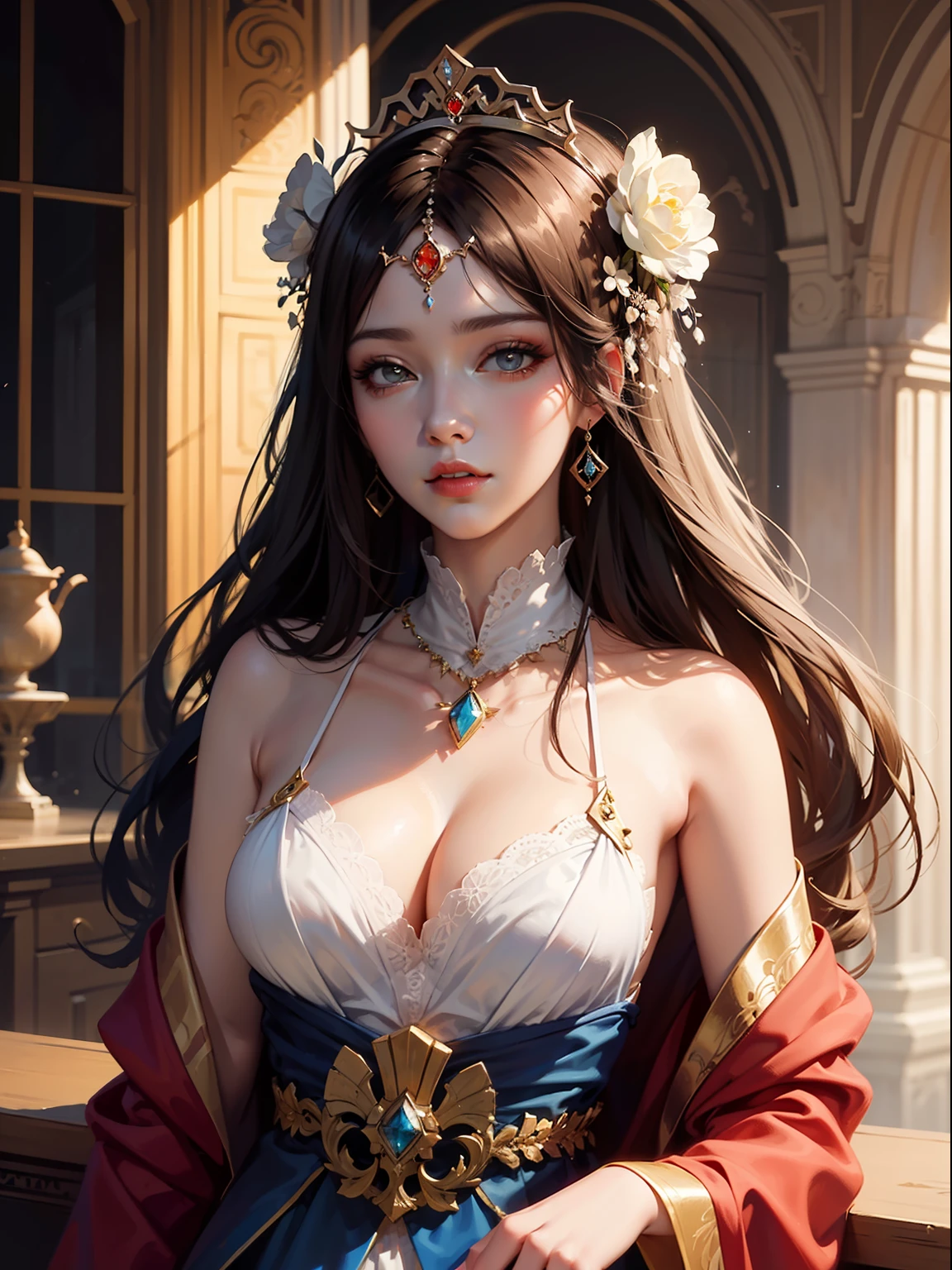 a close up of a woman with a large headpiece and flowers, artwork in the style of guweiz, by Yang J, beautiful character painting, alphonse mucha and rossdraws, ((a beautiful fantasy empress)), a beautiful fantasy empress, ross tran 8 k, guweiz, palace ， a girl in hanfu, guweiz masterpiece