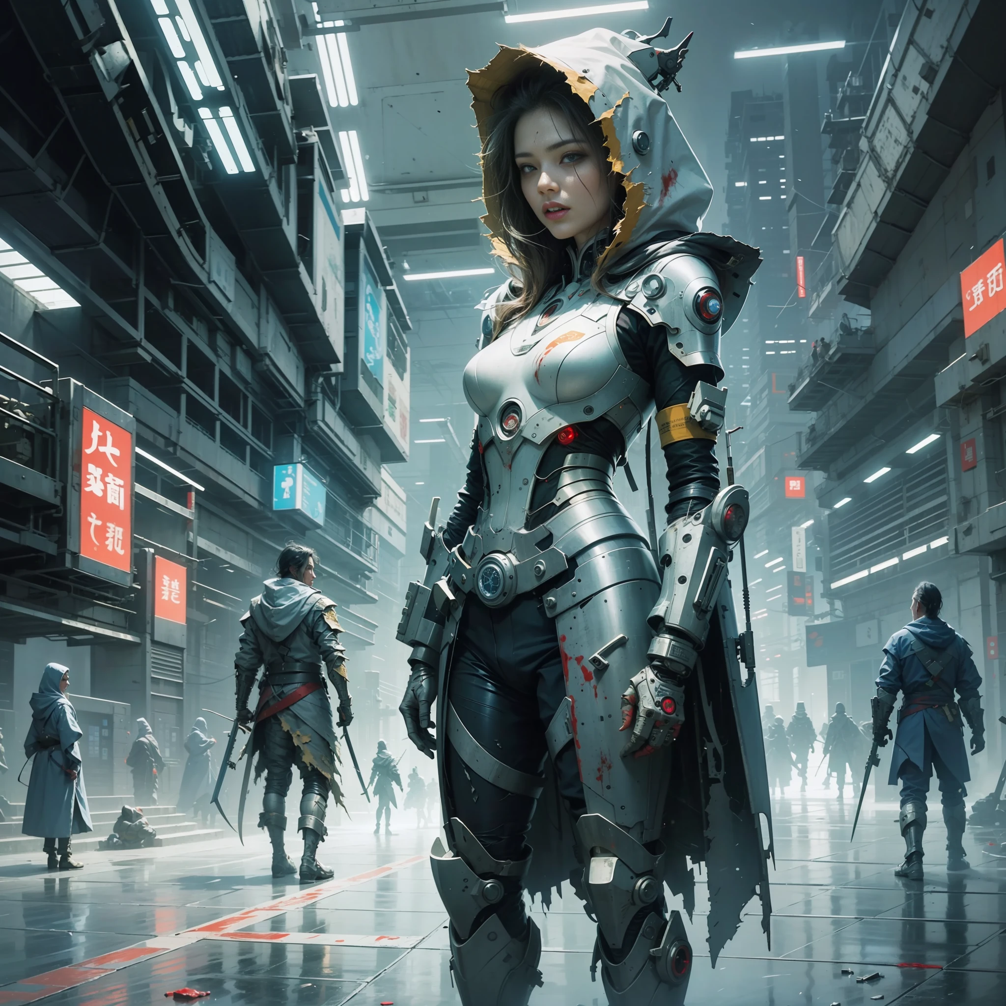 An ancient Chinese girl, hooded head, full body, amazing facial features, blood stains, sharp eyes, cyberpunk, holographic aura, surreal science fiction art, futuristic science fiction aesthetics, Hanfu (tattered, torn), mecha, complex design, game model, movie edge light, delicate light, masterpiece, super detailed, epic composition, super HD, high quality, highest quality, 32k --niji 5