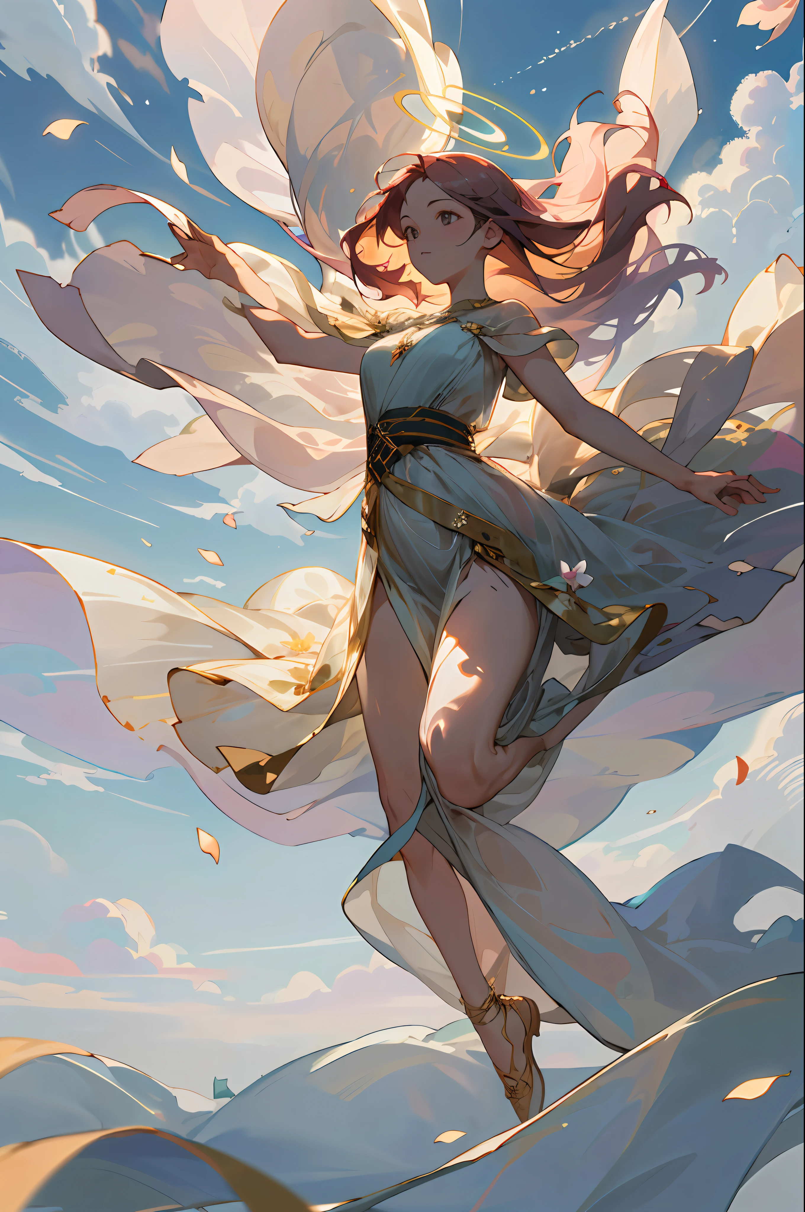 (masterpiece:1.3),(best quality:1.2),8k,absurdres,unity 8k wallpapper,(extremely detailed:1.3),highestres,
1girl, ,,floating hair, floating,( floating long dress:1.3),jumping,,see-through, (cloud:1.2),flying,halo,wings,(flower:1.2),grass,sunlight, (floating cloth:1.4),