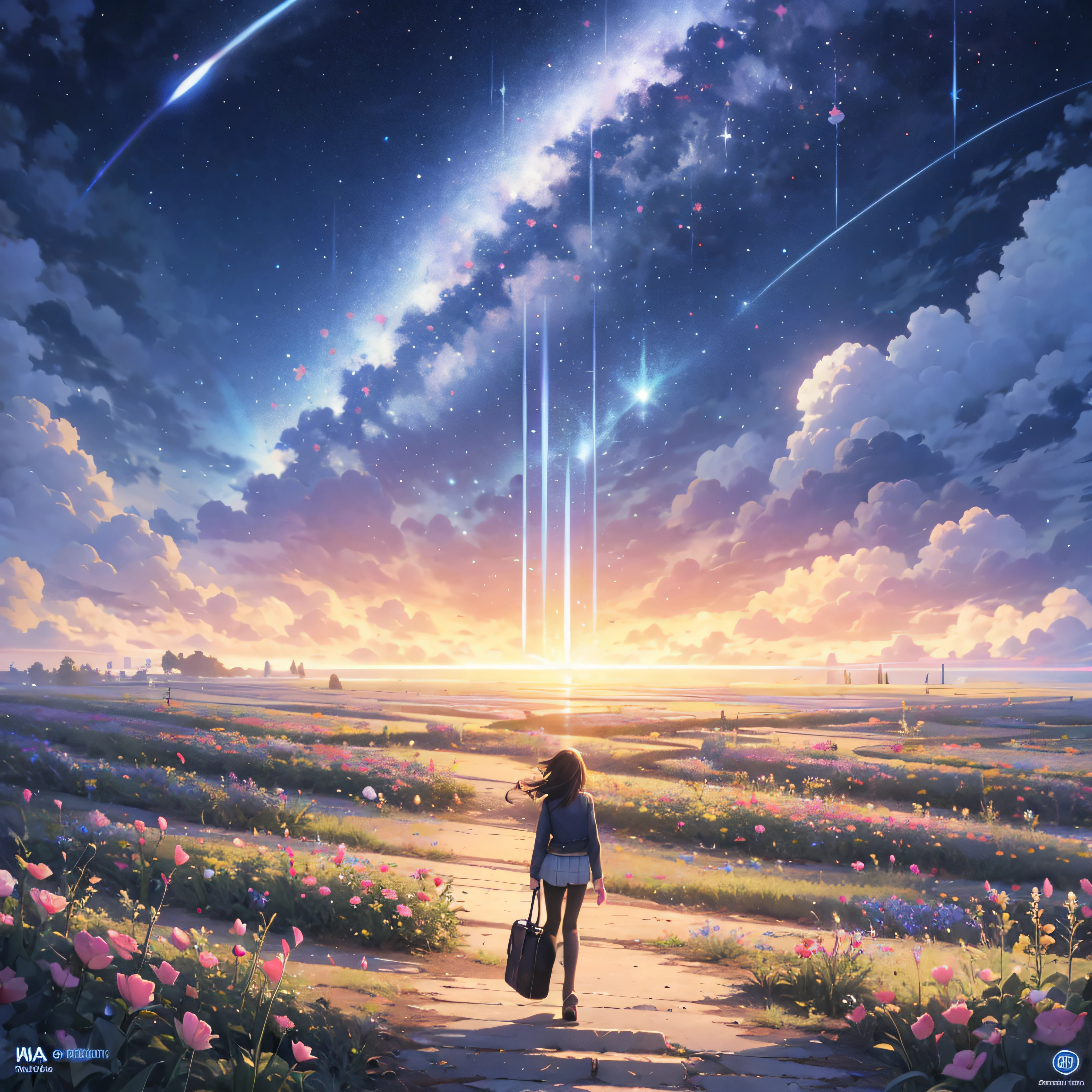 anime girl walking on a path in a field of flowers, makoto shinkai cyril rolando, anime art wallpaper 4 k, anime art wallpaper 4k, anime background art, anime beautiful peace scene, beautiful anime artwork, beautiful anime scene, 4k anime wallpaper, beautiful art uhd 4 k, anime art wallpaper 8 k, cosmic skies. by makoto shinkai