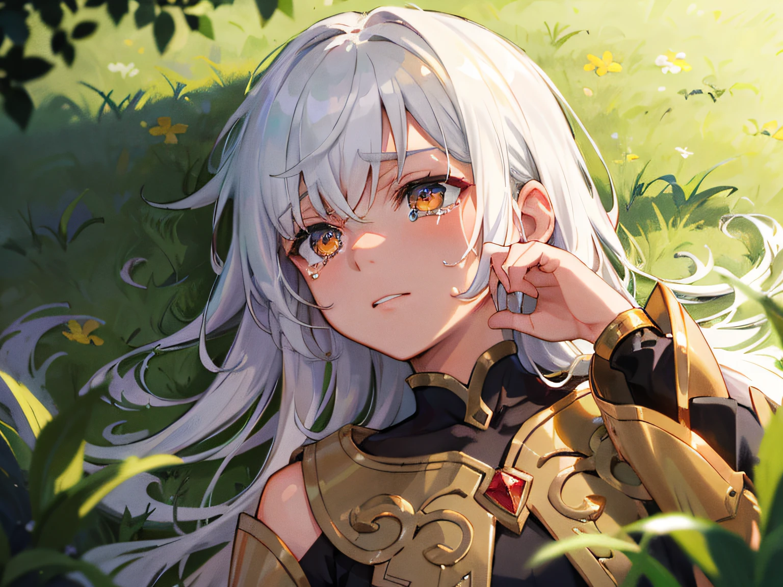 Excellent, masterpiece, white hair, golden eyes, hair, fair skin, man face with sharp angles in the garden park male bust shot lying on his side on the park grass with tears on his face