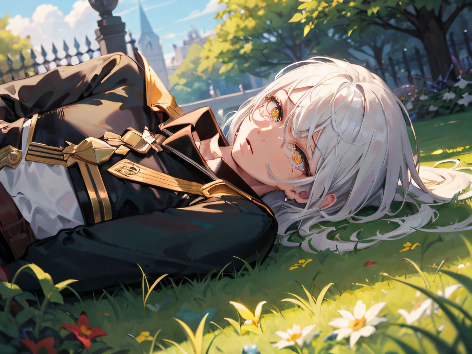 Excellent, masterpiece, white hair, golden eyes, hair, fair skin, man face with sharp angles in the garden park male bust shot lying on his side on the park grass with tears on his face