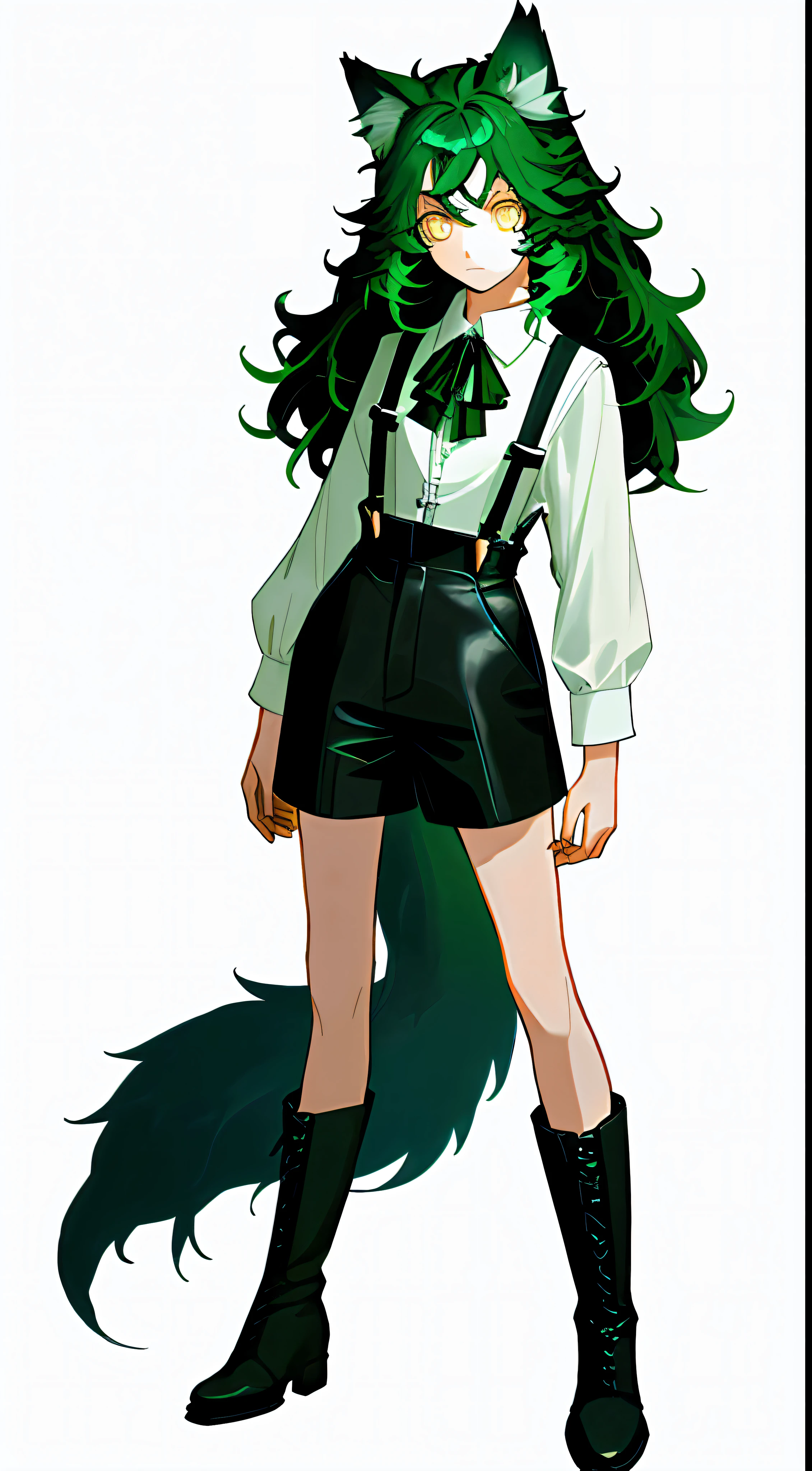 ((Masterpiece)),((Best Quality))),A Girl,(Simple Background.), White Background: 1.3), White Shirt, Black Suspenders, Black Leather Boots, Stand Straight, Full Body, Divinity, Light Green Hair, Mullet Head, Yellow Eyes, Wolf Ears, Expressionless, Depicted Eyes, Delicate Facial Features, Anatomically Correct, Pick Dye