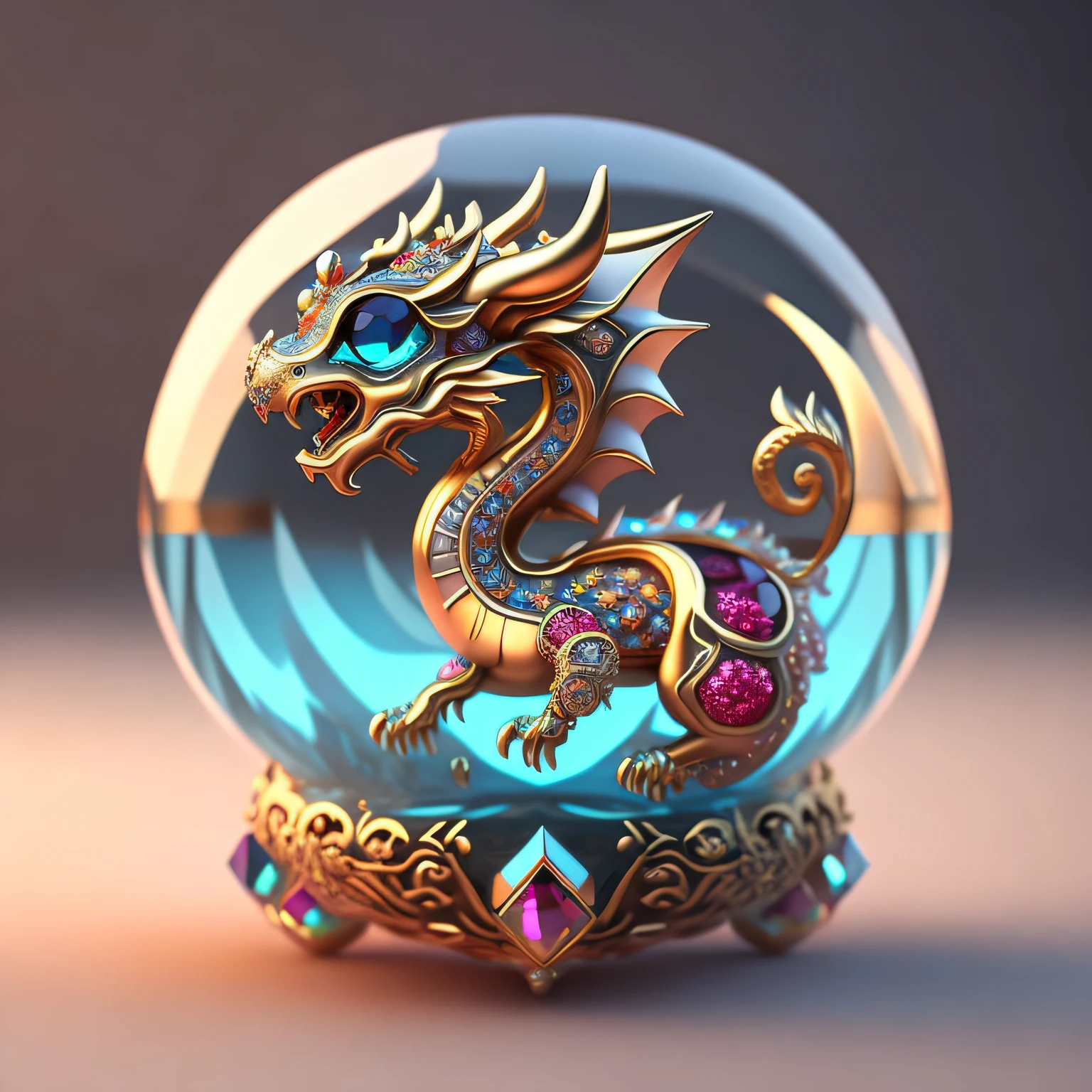 A cute crystal ball Chinese dragon embellished with various jewelry ornaments and low-poly eyes is a highly detailed and complex conceptual work of art using Artstation 8k quality.