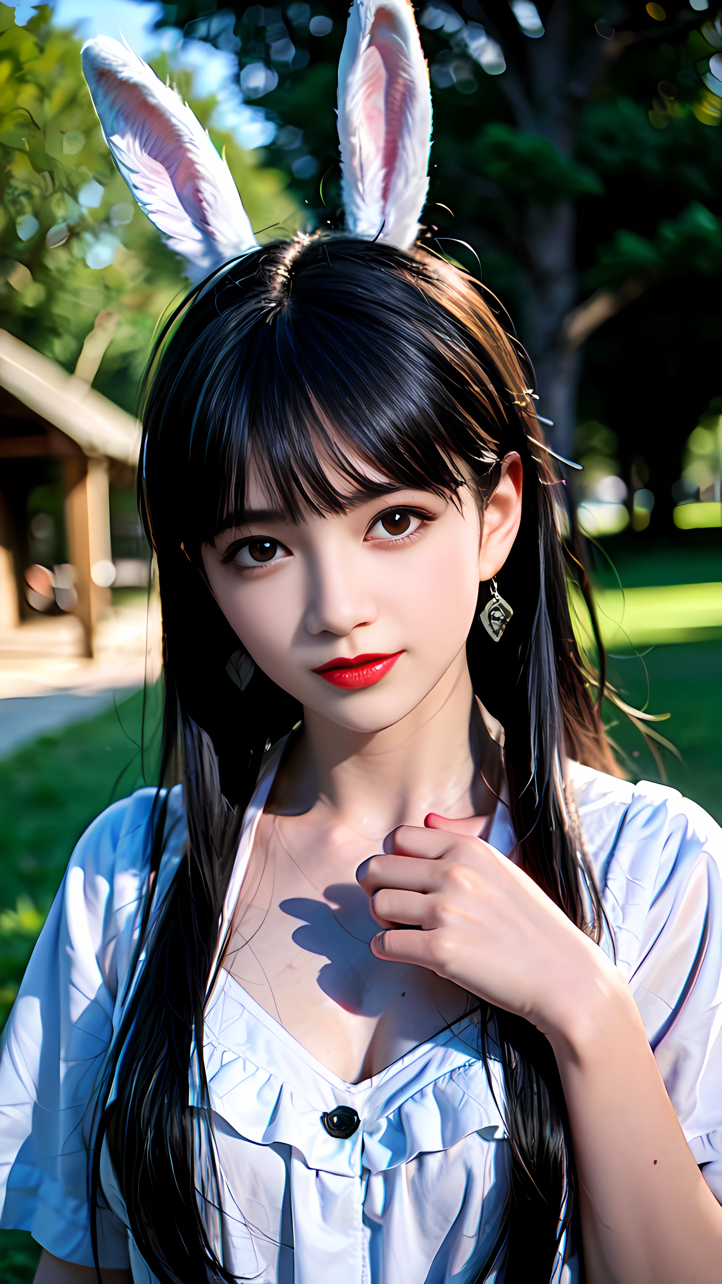 best quality, ultra-detailed, masterpiece, finely detail, highres, 8k wallpaper,
1girl, animal ears, bangs, black eyes, black hair, blurry, blurry background, blurry foreground, closed mouth, depth of field, earrings, jewelry, lips, long hair, looking at viewer, outdoors, rabbit ears, red lips, solo