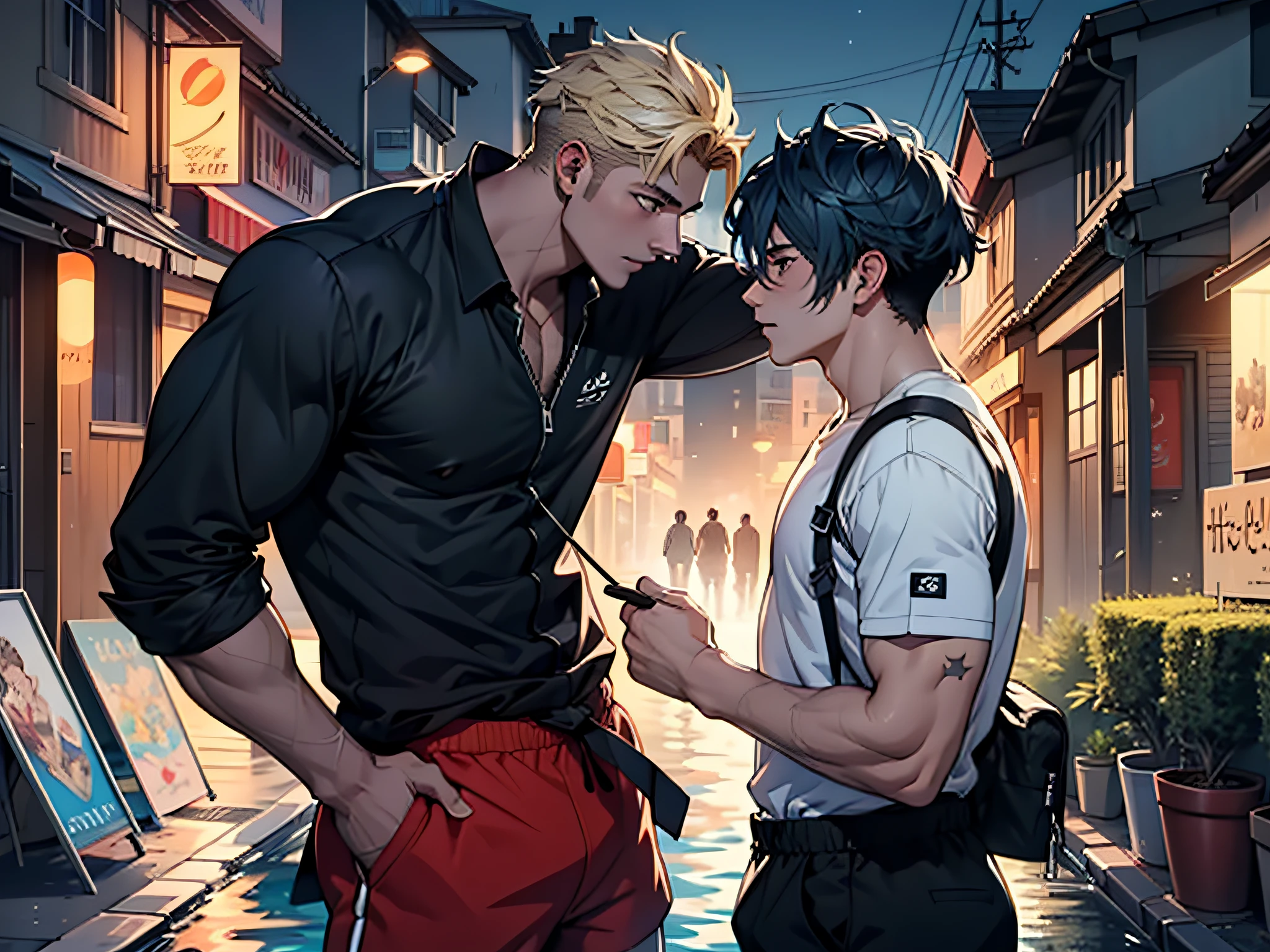 (extremely detailed CG unity 8k wallpaper,masterpiece, best quality, ultra-detailed),dos jóvenes lover:juntos, Alessio Albi y Shin Jeongho, piscina, fondo oscuro, lámpara de luz negra, blue hair, sexy, bold pose,cel shading, blonde hair, black hair, two boys, two mans, boy love, boyslove, yaoi, look at eachother, in love, cute couple, sesión de fotos, Yaoi, Alessio Albi y Shin Jeongho, besándose, enfrentándose, Cai Xukun, están enamorados, Taejune Kim, chico rubio y chico pelinegro, (((masterpiece))), artstation style, anime, boyslove, two boys, two mans, boys love, homosexual, 4k,8k,16k,uhd, shorts hair, city landscape, city lights in the background