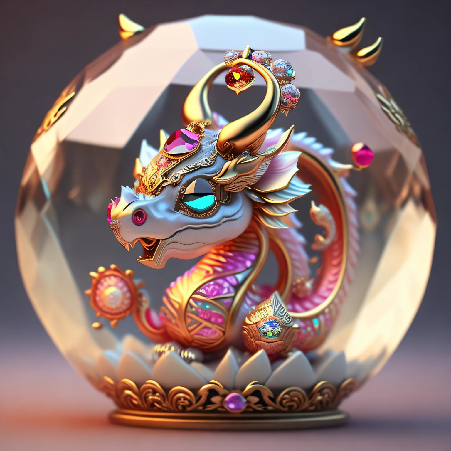 A cute crystal ball Chinese dragon embellished with various jewelry ornaments and low-poly eyes is a highly detailed and complex conceptual work of art using Artstation 8k quality.