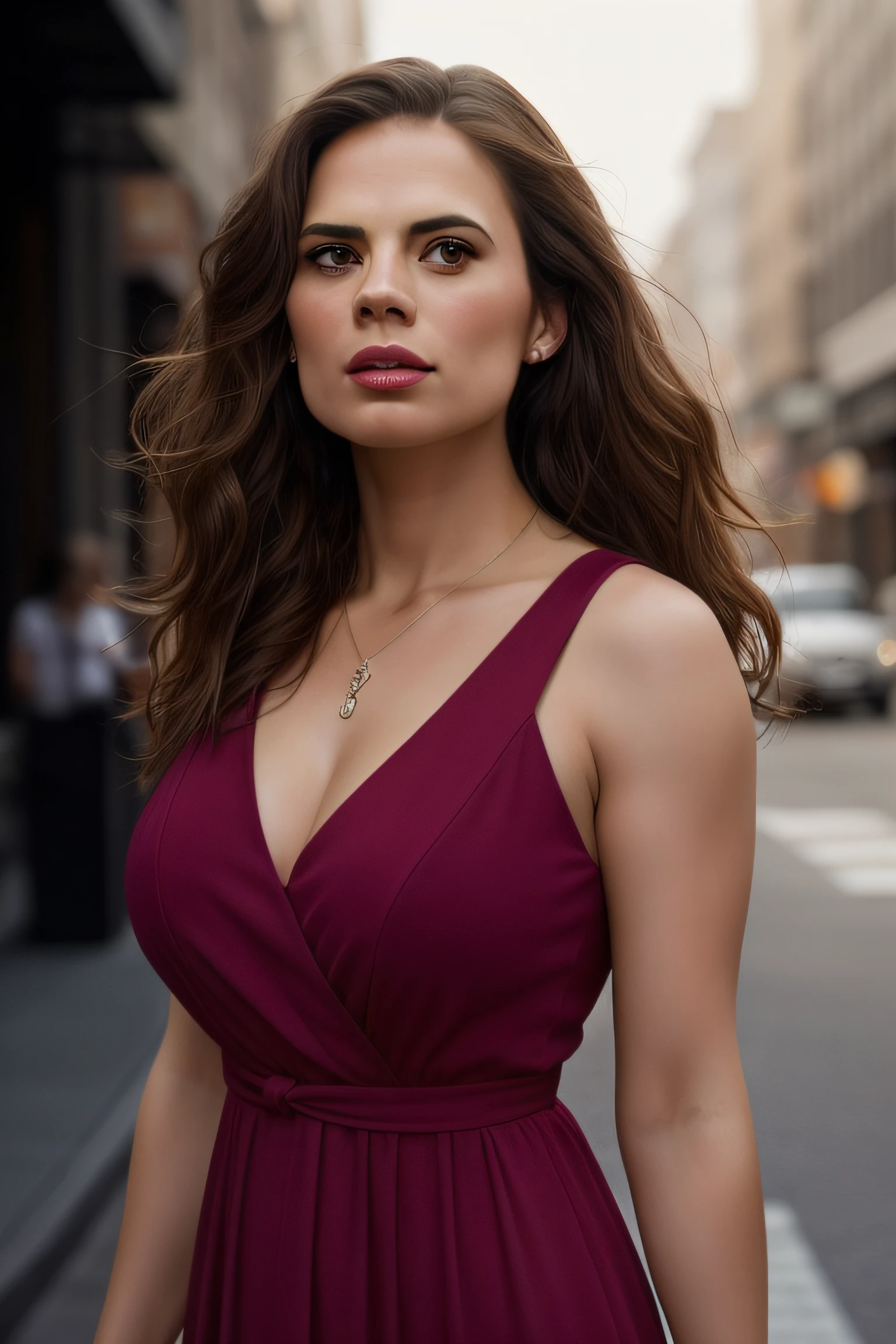 Beautiful woman, Hayley Atwell, dancing, wearing a red maxi dress, beautiful legs, (long curly hair), detailed eyes, (detailed realistic face), highly detailed, modelshoot style, (extremely detailed CG unity 8k wallpaper), (full body shoot) photo of the most beautiful artwork in the world, downtown fashion top model, by Jeremy Mann, trending on ArtStation, trending on CGSociety, Intricate, High Detail, Sharp focus, dramatic, photorealistic painting art by midjourney