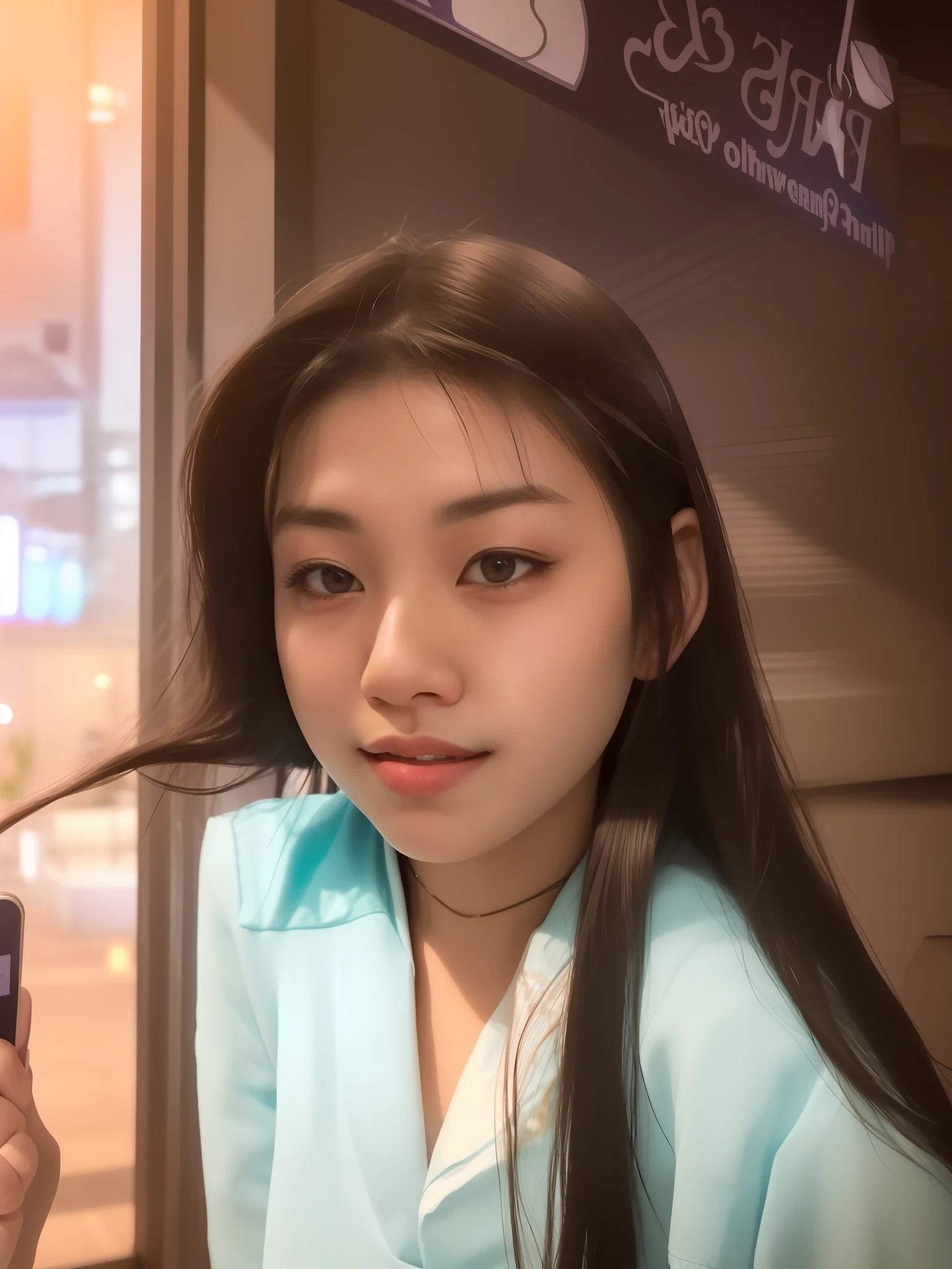 there is a woman sitting in front of a wall with a cell phone, nivanh chanthara, south east asian with round make the woman wear bikini, thawan duchanee, student, nuttavut baiphowongse, with round face, face picture, 18 years old, with long hair, anime thai girl, dang my linh