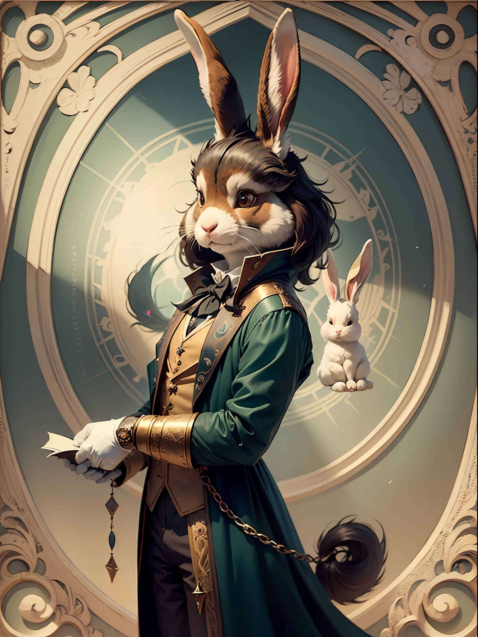 there is a rabbit with a tarot card in his right hand, anthropomorphic rabbit, masterpiece anthro portrait, anthropomorphic rabbit, medieval fantasy style, high quality medieval art, hyperdetailed fantasy character, anthro art, rabbt_character, inspired by J. J. Grandville, by Galen Dara, portrait of fin wildcloak --auto