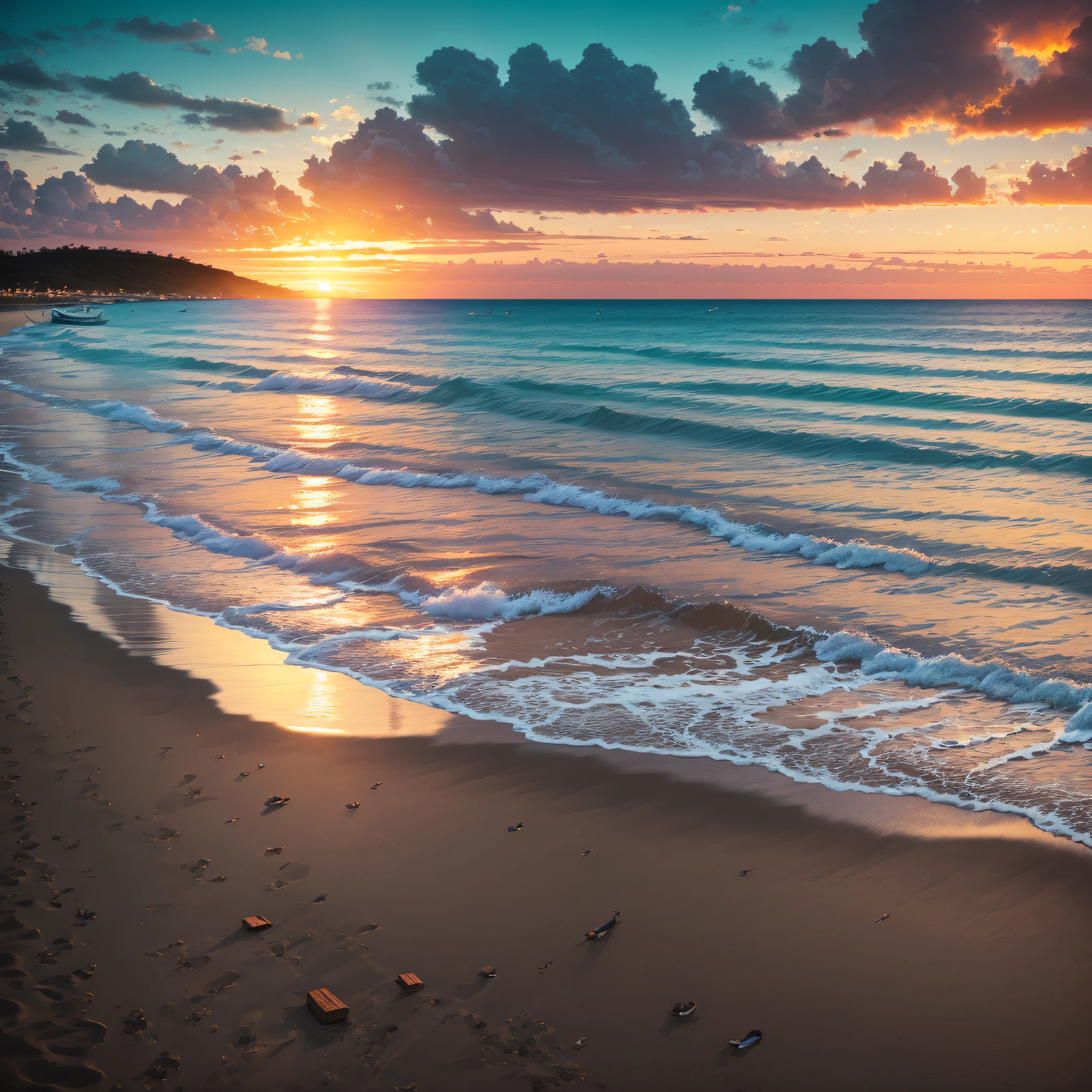 Sunset on the beach, There are logs and boats on board, Sunset on the beach, Sunset on the beach, Beach at sunset, at sunrise, Sunrise, On the beach at sunset, End of the day, Sunset glow, Show the beach at sunset, Beach at sunset, beach sunset background, Sundown, On the beach at sunset, Surrealism, high detail, cinematic lighting, Fujicolor, Hasselblad, Fujifilm, Sony FE GM, UHD, retina, masterpiece, ccurate, anatomically correct, super detail, high details, high quality, highres, best quality, award winning, 8k --auto