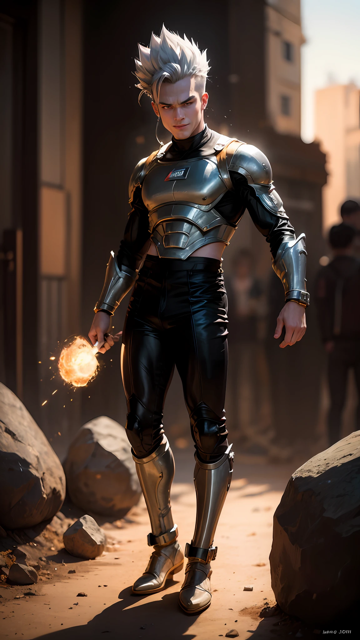 masterpiece, best quality, super detailed, adult gohan 1boy, solo, full body, evil smile, gray hair, spiked hair, red eyes, dough, full body, looking at the audience, male focus, earth\(planet\), planet, space, cracked ground and rock rising, rubble rising, liquid metal skin, titanium alloy and carbon fiber clothing, future technology,