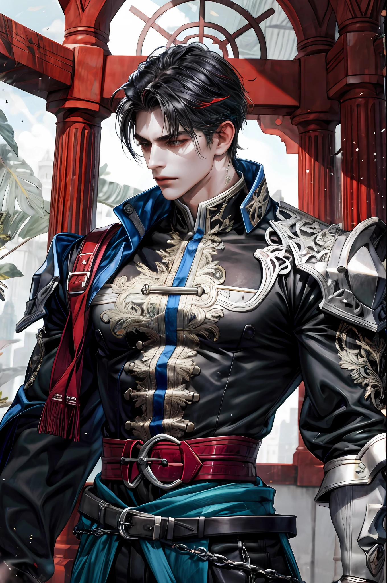 (absurdres, highres, ultra detailed), 1 male, solo, handsome, tall muscular guy, broad shoulders, intricate details, colorful, highest detailed, cowboy shot, from side, profile, looking down