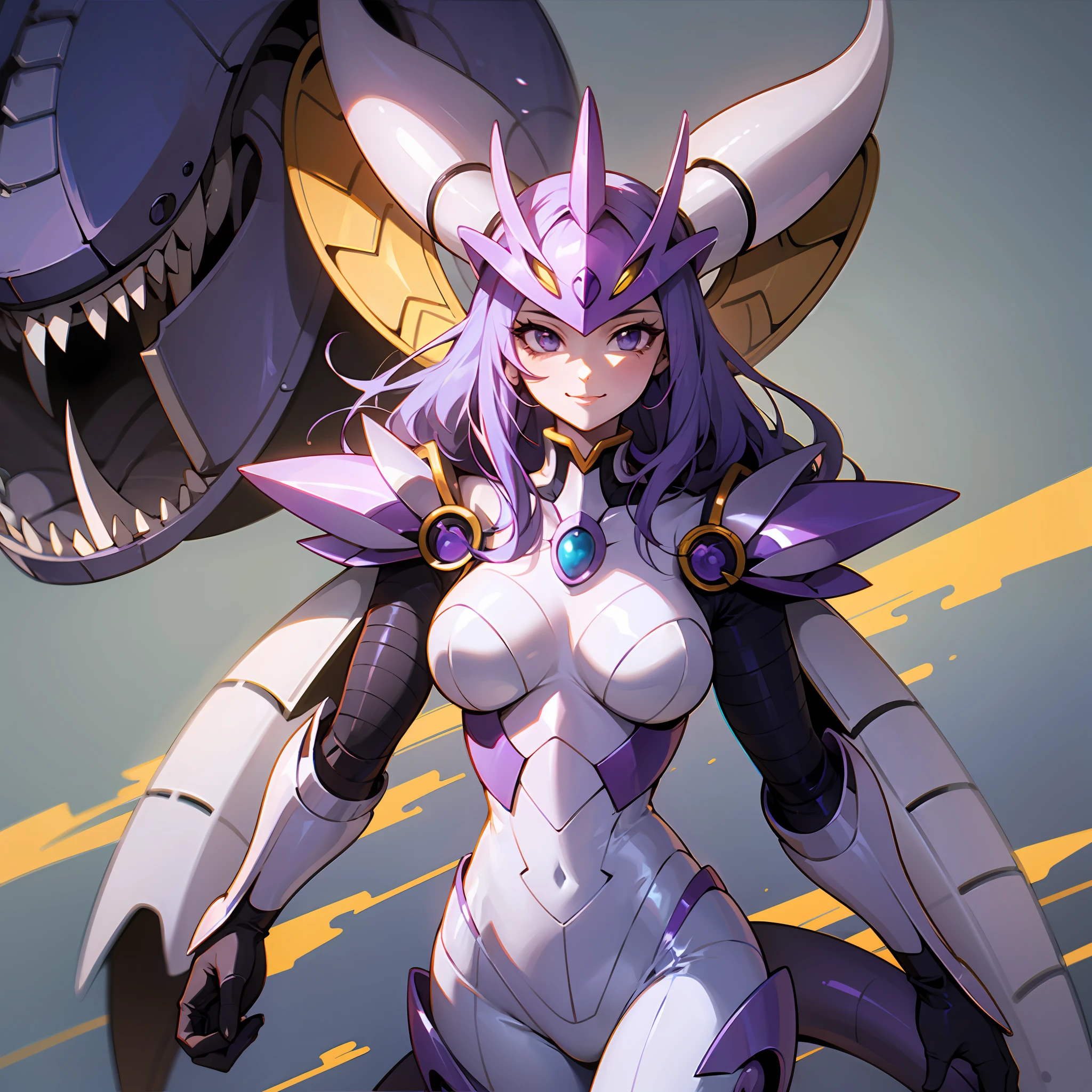 Cartoon photo of woman in white and purple costume, hot insect woman, guyver style, bad smile, scaraber reploid, bellows tail, cel shade adult animation, alien queen,