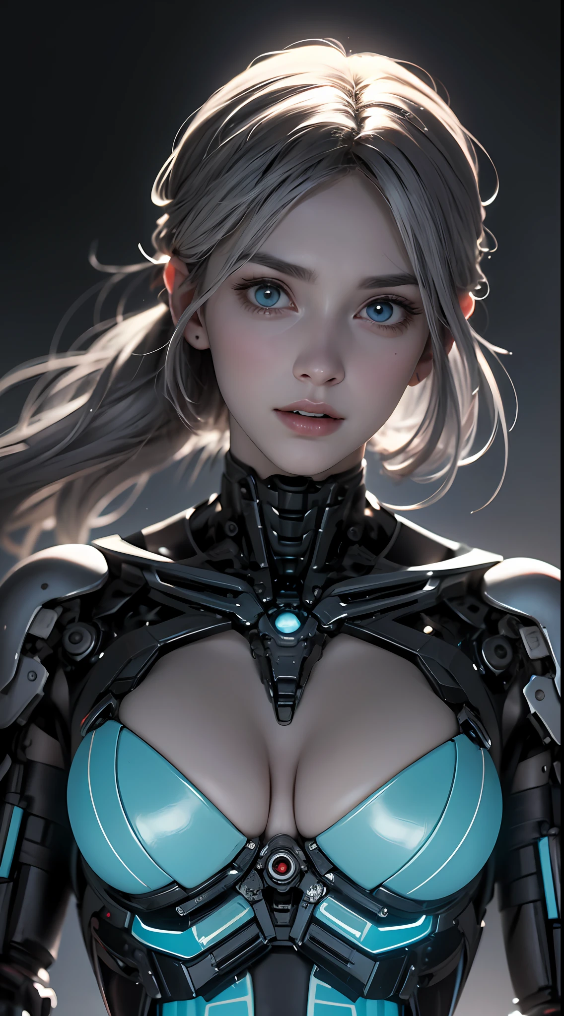 Beautiful girl, , blue eyes, ((mechanical parts are damaged)), her neck is mechanized, ((her chest is human)), shoulders are human, wide open chest, cleavage, her arms are mechanized as well as abdomen, area above her waist, vintage, spotlight, detail enhancement, edge sharpening, high resolution, premium, high contrast, Silhouette, Shadow, High Contrast, Glow, ((Gray Hair)), Some Black Hair, Cinematic Light