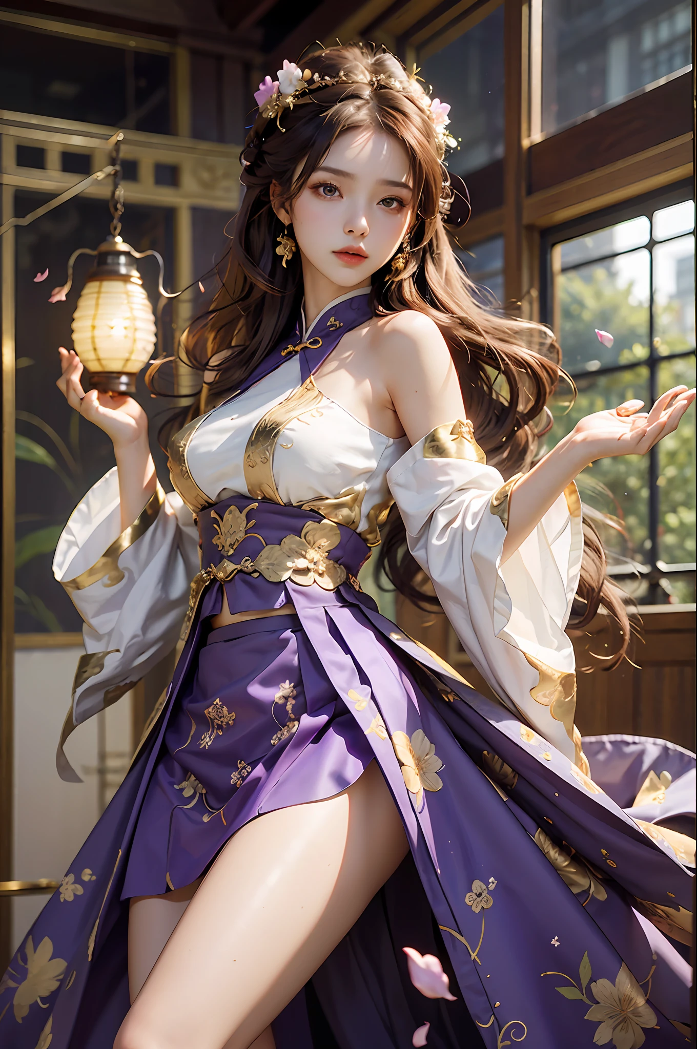 Superb Quality, Masterpiece, High Resolution, (Exquisite Body: 1.5), Beauty, Bare Shoulders, Oversized Breasts (2.5) Wide Buttocks, Thin Waist, Stunning Beauty, (Milky Skin: 1.3), Exquisite Details, High Resolution, Wallpaper, 1 Woman, Solo, Dress, Hair Accessories, (((Golden Purple Skirt)), Flower, Long Hair, Brown Hair, Shut Up, Accessories, Long Sleeves, Raised Hands, Wide Sleeves, Big Eyes, Flowing Hair, Hanfu, Hanfu, Embroidery, Long Dress, Natural Pose, Falling Petals, Indoor, Fanning, Lantern, 16K, HDR, High resolution, depth of field, (film grain: 1.1), Bocon, prime time, (lens flare), vignetting, rainbow, (color grading: 1.5)