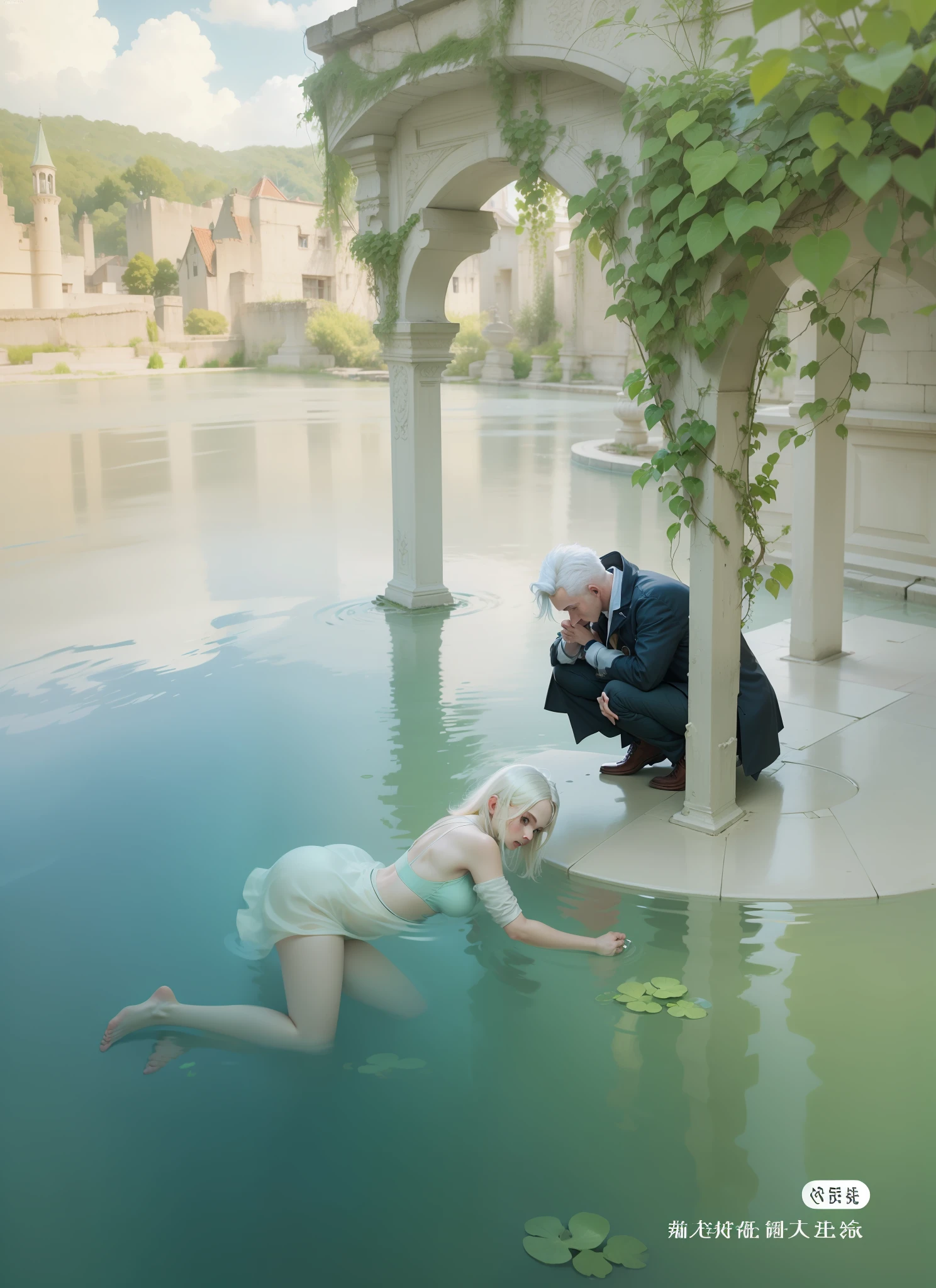 Girl in the water with yellow hair, squatting man with white hair