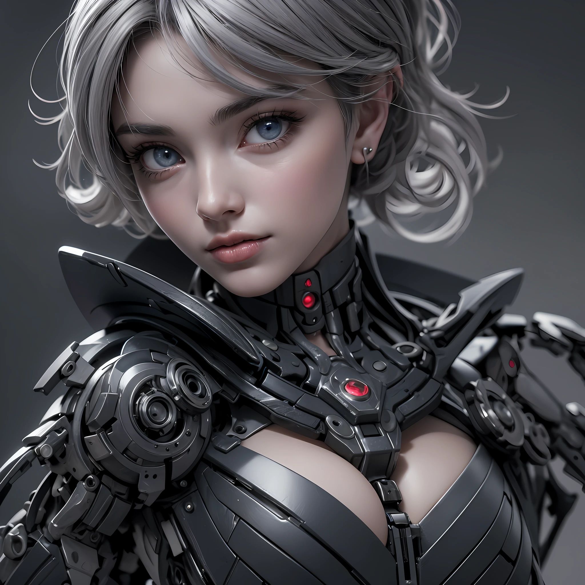 Beautiful girl, small face, blue eyes, ((mechanical parts are damaged)), her neck is mechanized, (((her chest is the chest of a young girl)), open chest, cleavage, her arms are mechanized, as well as abdomen, area above her waist, vintage, spotlight, detail enhancement, edge sharpening, high resolution, premium, high contrast, Silhouette, Shadow, High Contrast, Glow, ((Gray Hair)), Some Black Hair, Cinematic Light, Very Short Bob