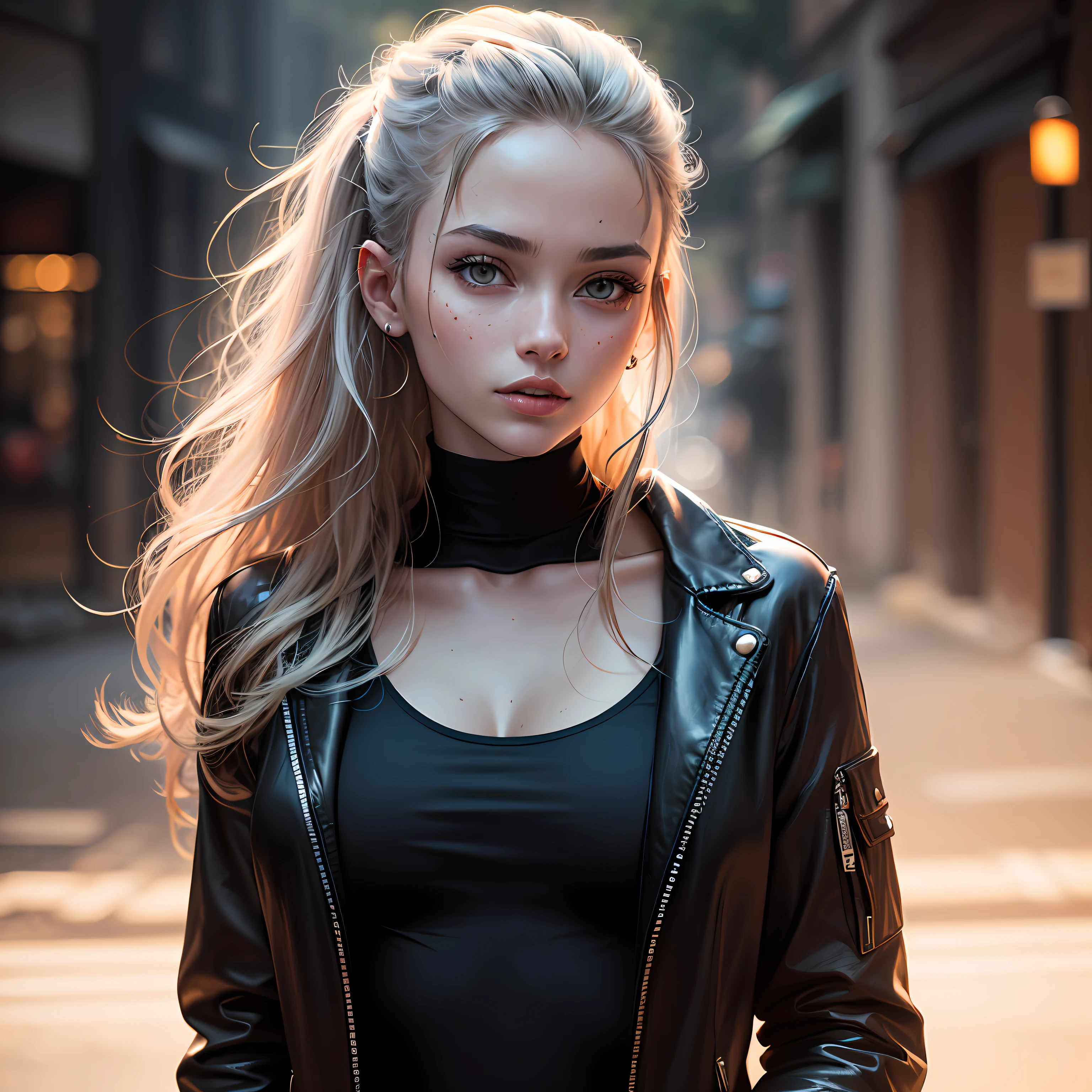A 22-year-old woman, (hi-top fade: 1.3), long hair, soft tones, soft colors, high contrast, wearing a black jacket,(((natural skin texture, hyperrealism, soft light, sharp))),((photorealistic: 1.7)) ,((intricate body)) , ((hyperdetailed: 1.2)), (((high detailed skin: 1.2))) . (16k) --auto