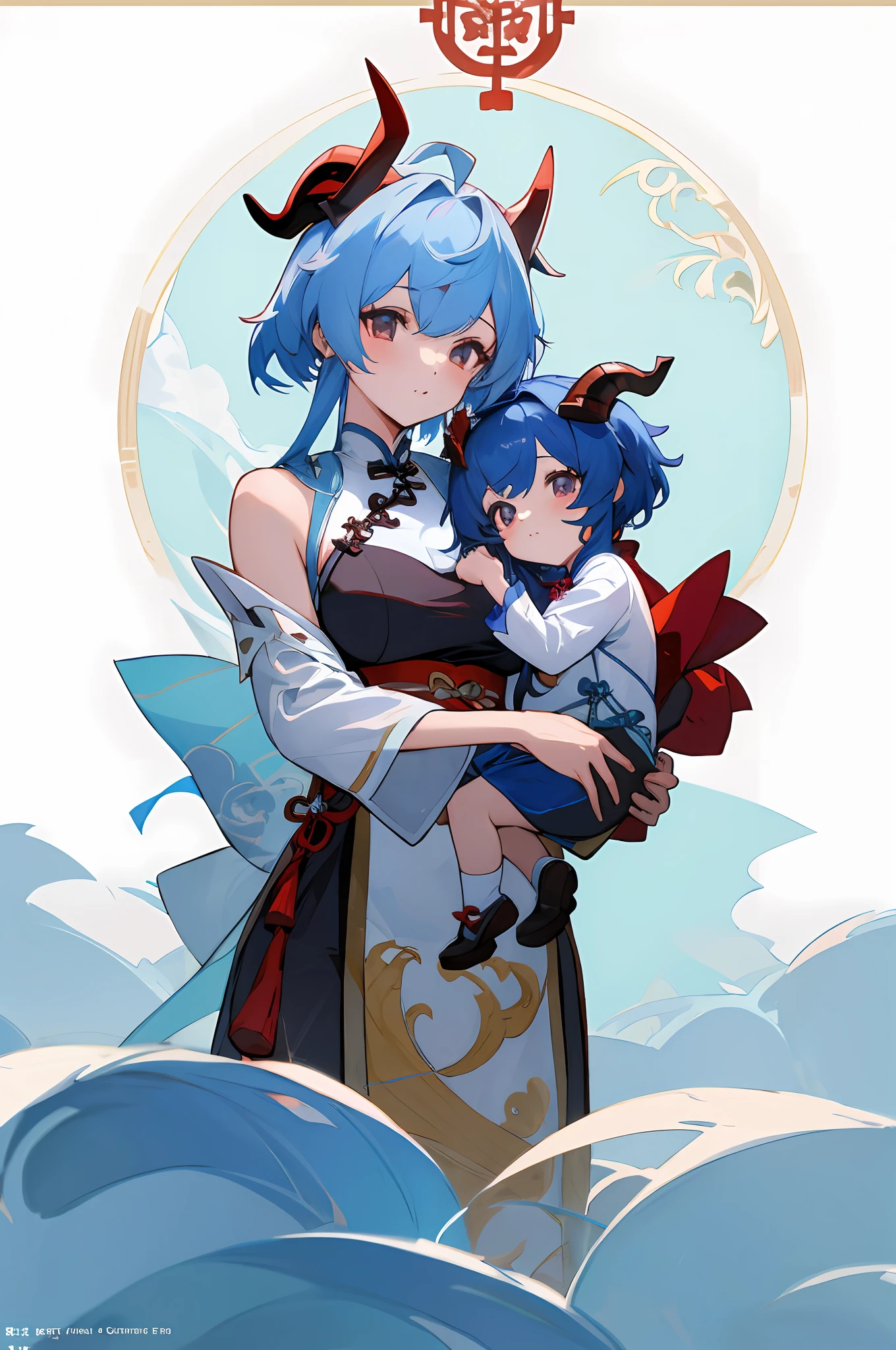 anime image of two women dressed in traditional china clothing in winter, Cheongsam, palace a girl in hanfu, wlop and sakimichan, medium hair, horn, blue haired deity, characters from azur lane, anime fantasy illustration, from the azur lane videogame, genshin, artwork in the style of guweiz, cultivator detailed art, two beautiful anime girls, mother and child, symbol of maternal love, mother and child, such as photos of mother and child