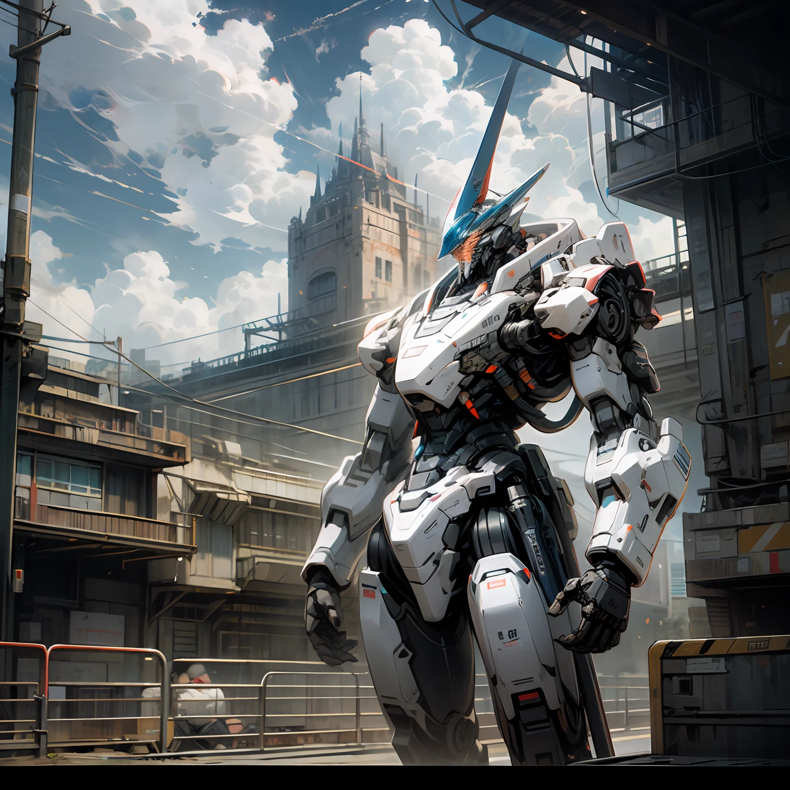 Sky, Clouds, holding_weapon, no_humans, Glow, Robots, Architecture, Science Fiction, Cities, Reality --auto --v6