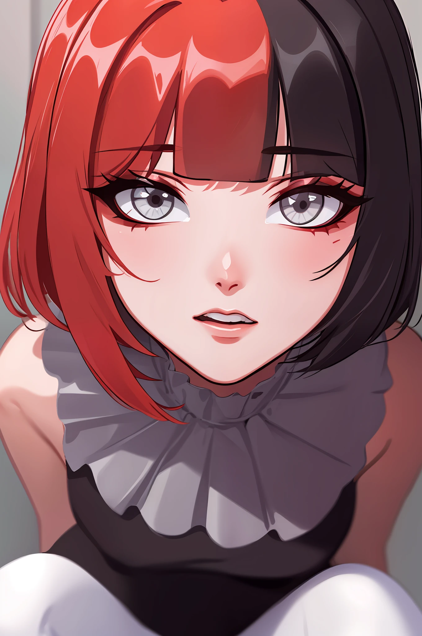 ((masterpiece, Best Quality))), Coupling, solo, 1girl, ((red hair, black hair, multicolored hair)), short hair, white tights, sitting, (close-up of face), very detailed, photorealism, photorealism, surprised, puzzled, sad,