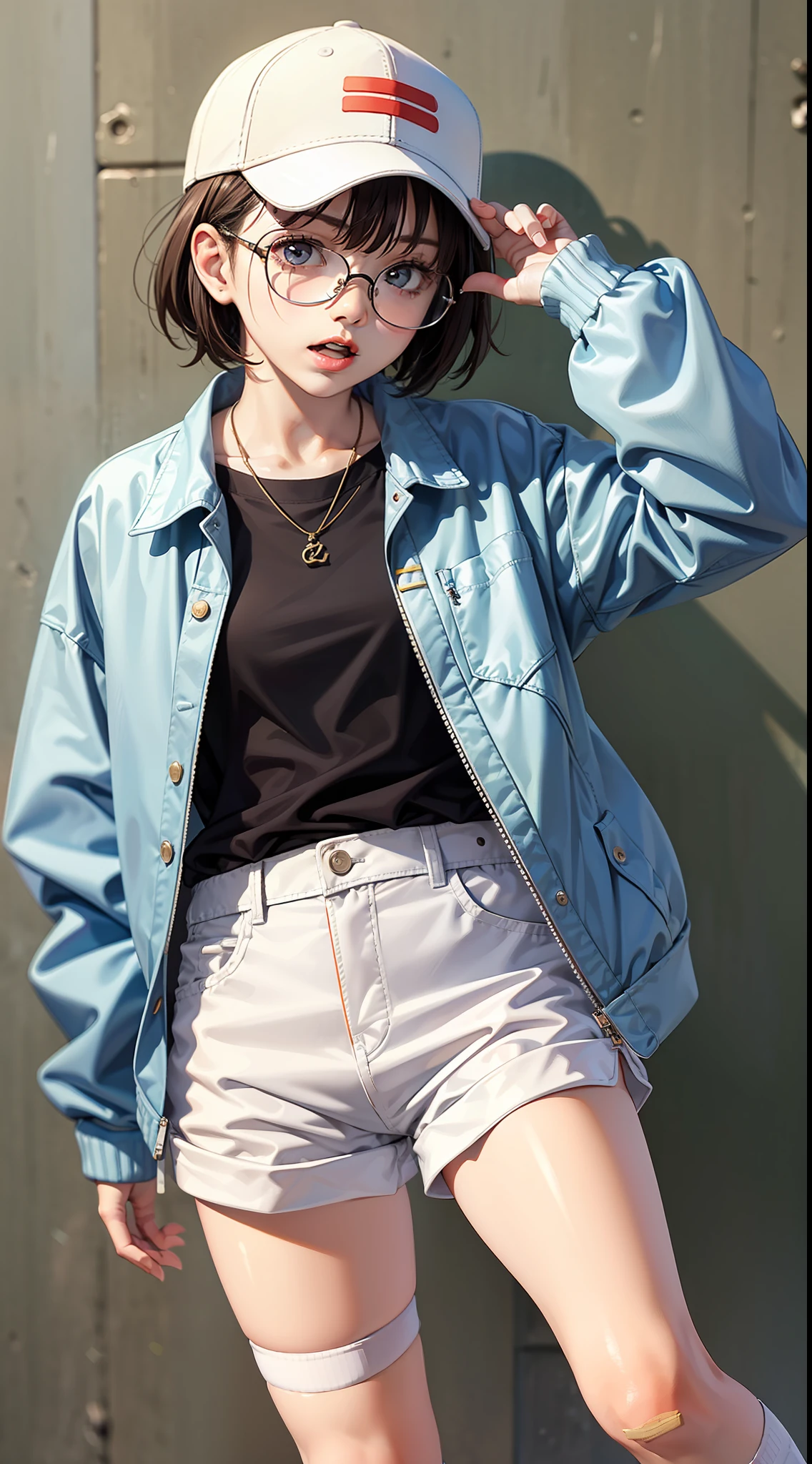 masterpiece, best quality, high resolution, 1girl, hat, socks, bandaid, jacket, baseball cap, shoes, shorts, glasses, looking at viewer, shirt, sneakers, white shorts, standing on one leg, open clothes, long sleeves, leg up, white headwear, bandaid on leg, standing, kneehighs, solo, blue socks, bandaid on face, short hair, blue shirt, white footwear, denim, open jacket, closed mouth, short shorts, sleeves past wrists, sidelocks,