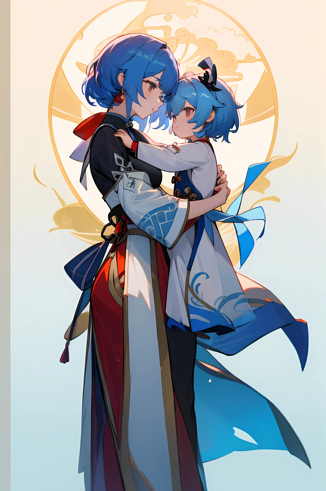 anime image of two women dressed in traditional china clothing in winter, Cheongsam, palace a girl in hanfu, wlop and sakimichan, medium hair, spoiled, blue haired deity, characters from azur lane, anime fantasy illustration, from the azur lane videogame, genshin, artwork in the style of guweiz, cultivator detailed art, two beautiful anime girls, mother and child, symbol of maternal love, mother and child, such as photos of mother and child