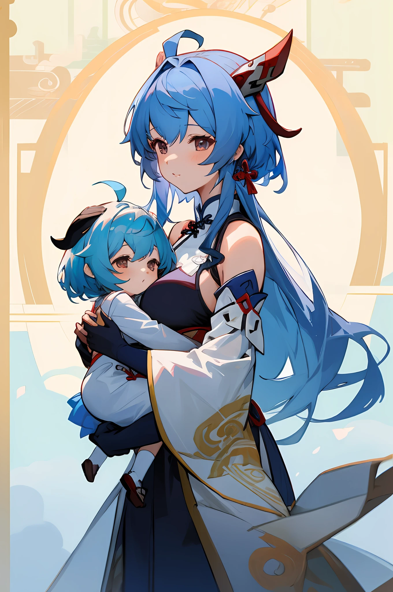anime image of two women dressed in traditional china clothing in winter, Cheongsam, palace a girl in hanfu, wlop and sakimichan, medium hair, spoiled, blue haired deity, characters from azur lane, anime fantasy illustration, from the azur lane videogame, genshin, artwork in the style of guweiz, cultivator detailed art, two beautiful anime girls, mother and child, symbol of maternal love, mother and child, such as photos of mother and child