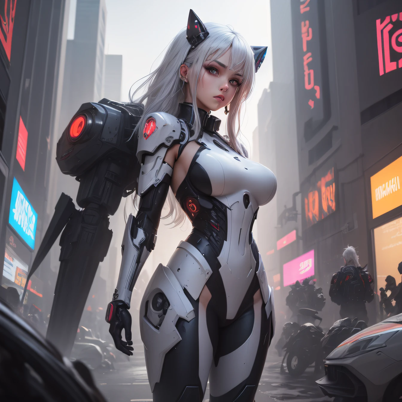Maiden, mecha, red and blue, cyberpunk, silver-white hair --auto