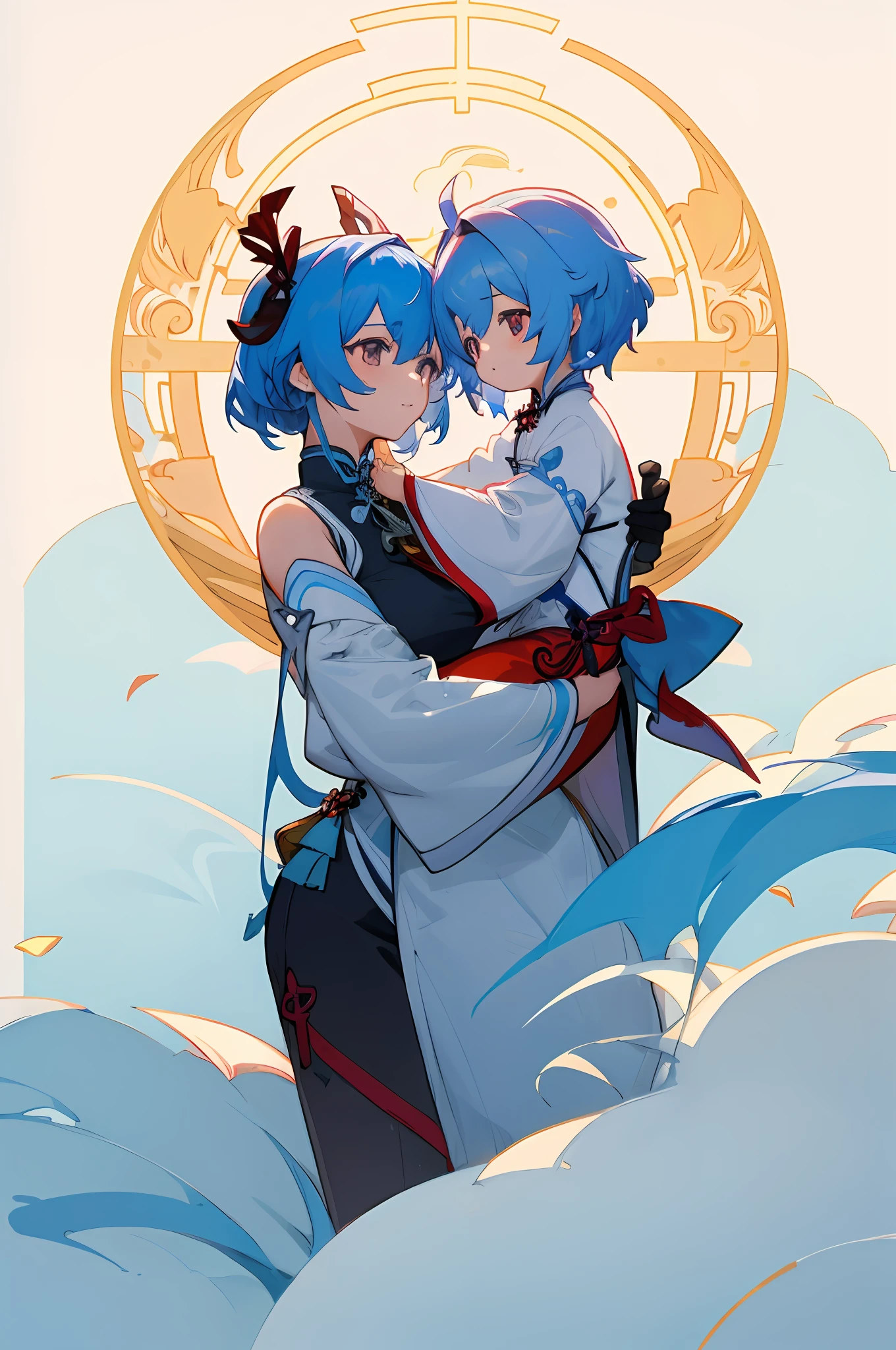 anime image of two women dressed in traditional china clothing in winter, Cheongsam, palace a girl in hanfu, wlop and sakimichan, medium hair, spoiled, blue haired deity, characters from azur lane, anime fantasy illustration, from the azur lane videogame, genshin, artwork in the style of guweiz, cultivator detailed art, two beautiful anime girls, mother and child, symbol of maternal love, mother and child, such as photos of mother and child