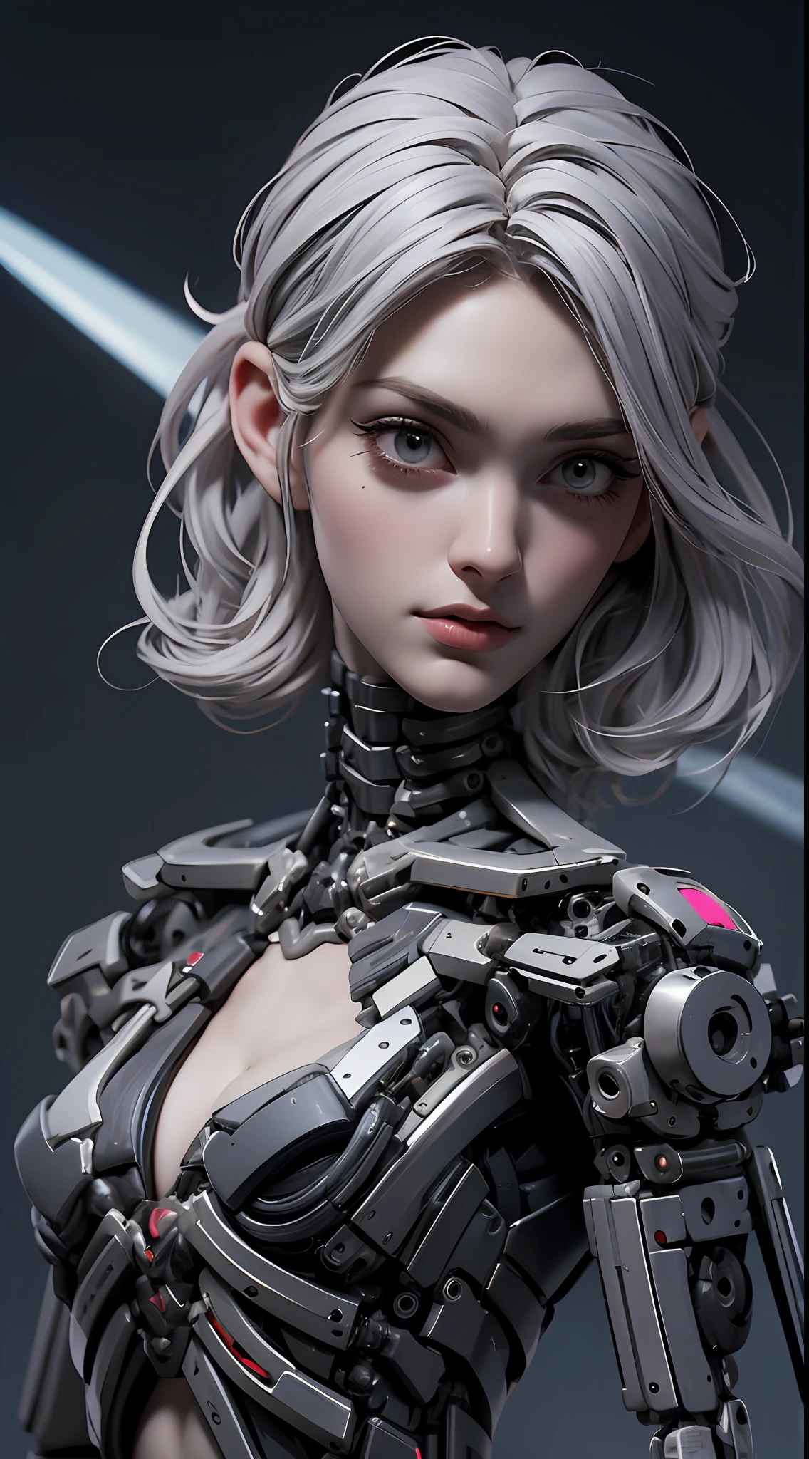 Beautiful girl, small face, long eyelashes, dark eyeliner, ((mechanical parts are damaged)), her neck is mechanized, ((her chest is human)), shoulders are human, wide open chest, cleavage, her arms are mechanized, as well as the abdomen, area above her waist, vintage, spotlights, detail enhancement, edge sharpening, high resolution, premium, High Contrast, Silhouette, Shadow, High Contrast, Glow, ((Gray Hair)), Some Black Hair, Cinematic Light