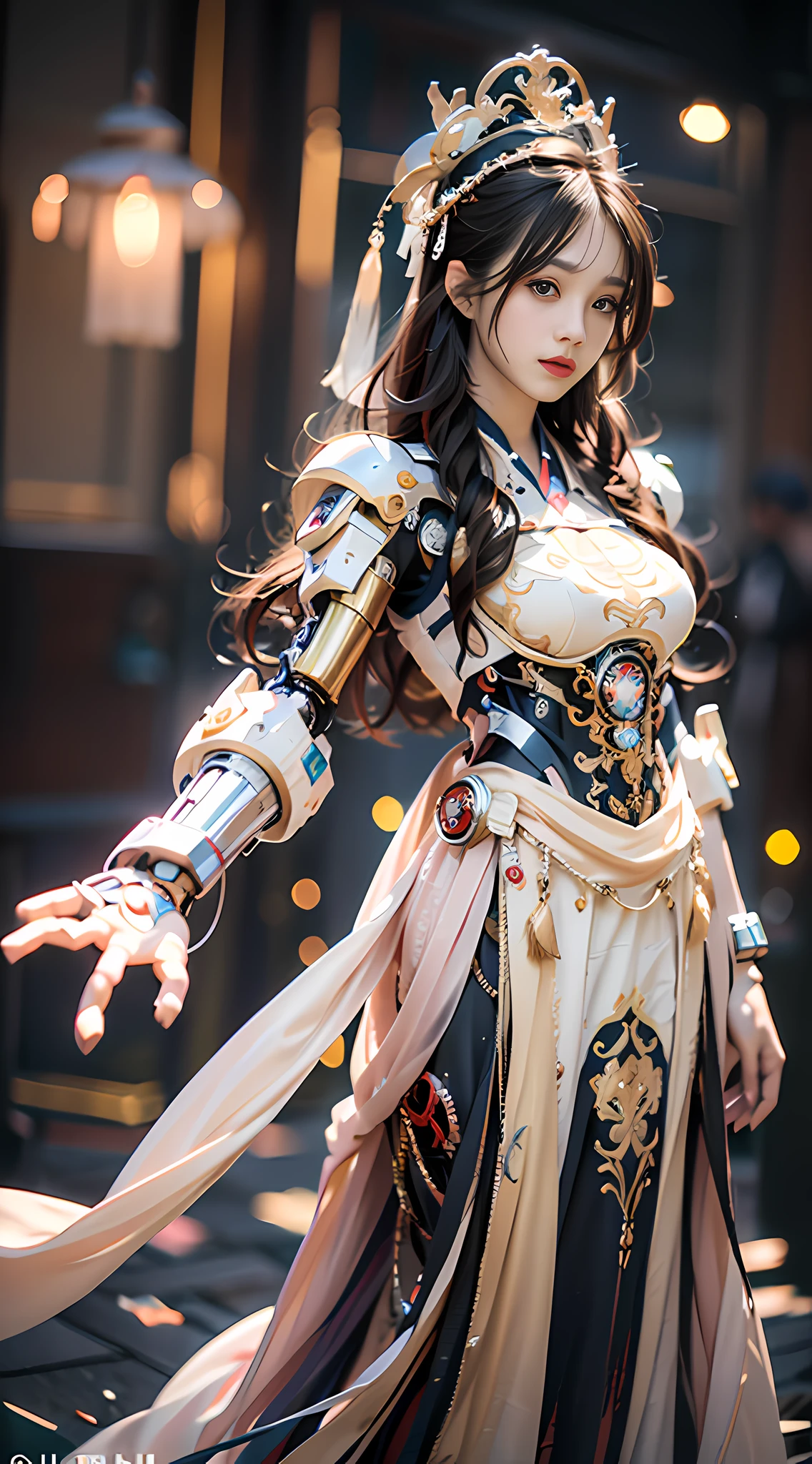 A girl looking at the audience, brunette hair, chinese girl, headdress, chinese hair ornament, (hanfu: 1.5), mecha, robotic arm, (magic: 1), front, magic element, (full body: 1.5), simple background, bright background, futuristic, first-person view, pov, panorama, ultra hd, masterpiece, accurate, anatomically correct, textured skin, high detail, best quality, high resolution, 8k, perfect face proportions, upright body, beautiful eyes, perfect face, detailed face, elegant, simple background,