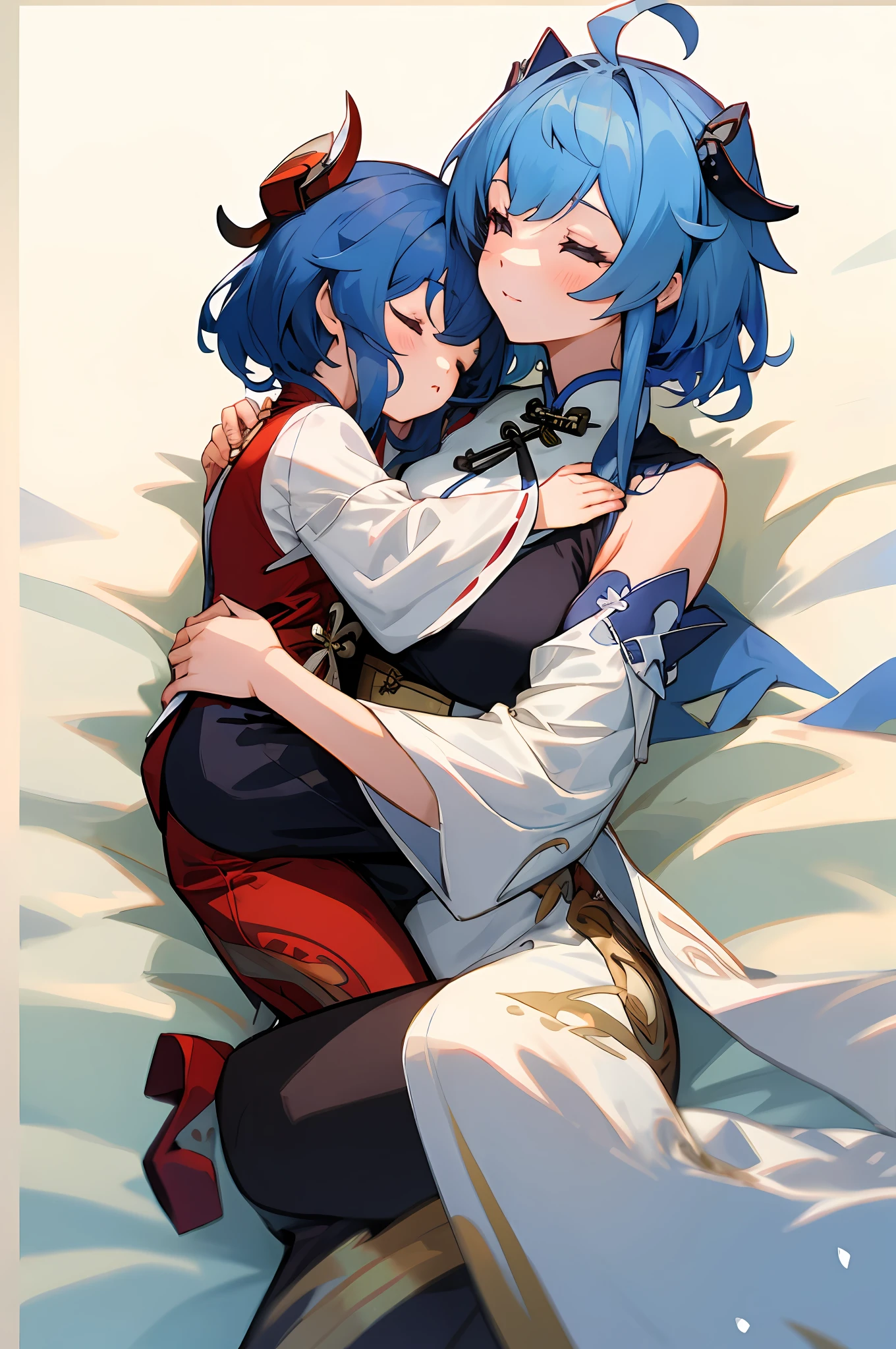 anime image of two women dressed in traditional china clothing in winter, Cheongsam, palace a girl in hanfu, wlop and sakimichan, medium hair, spoiled, blue haired deity, characters from azur lane, anime fantasy illustration, from the azur lane videogame, genshin, artwork in the style of guweiz, cultivator detailed art, two beautiful anime girls, mother and child, symbol of maternal love, mother and child, such as photos of mother and child, lying, sleeping,