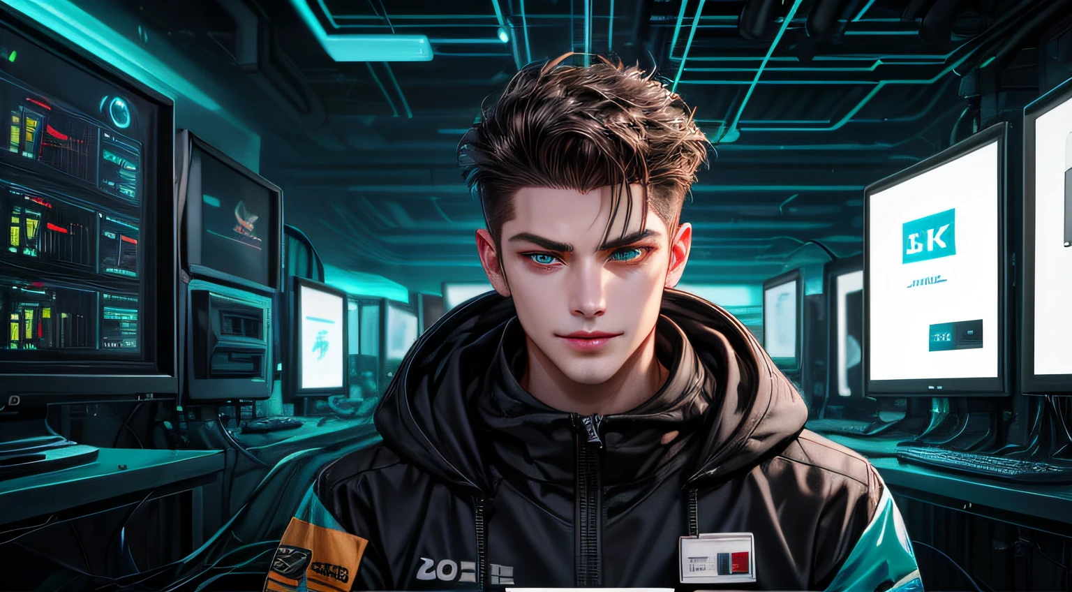 (Absurdres, Intricate Details, Masterpiece, Best Quality, High Resolution, 8k), 1 male, Asian , mature, aged up, handsome, finely detailed eyes and face, brown quiff hair, teal eyes, looking at viewer, solo, (full body:0.6), detailed background, detailed face, (CircuitBoardAI, electronic theme:1.1) evil high-tech futuristic hacker, smirk, advanced technology, hoodie, techwear, keycard, cables, (holographic display:1.05), error message, computer, password, server room in background, orange lights, cyber-warfare, dark sinister atmosphere, Depth of Field, VFX.