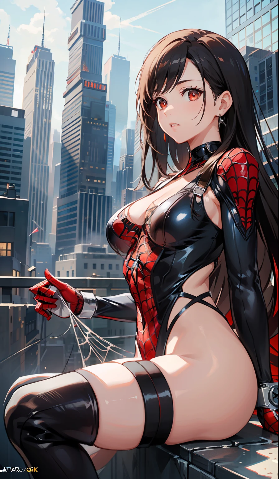 (masterpiece, best quality), intricate details, 8k, artstation, wallpaper, official art, splash art, sharp focus, 1girl, Tifa Lockhart, long hair, dark brown eyes, black hair, spiderman suit, white red and black superhero theme, spider web, skyscrapers, city, buildings, cars, street