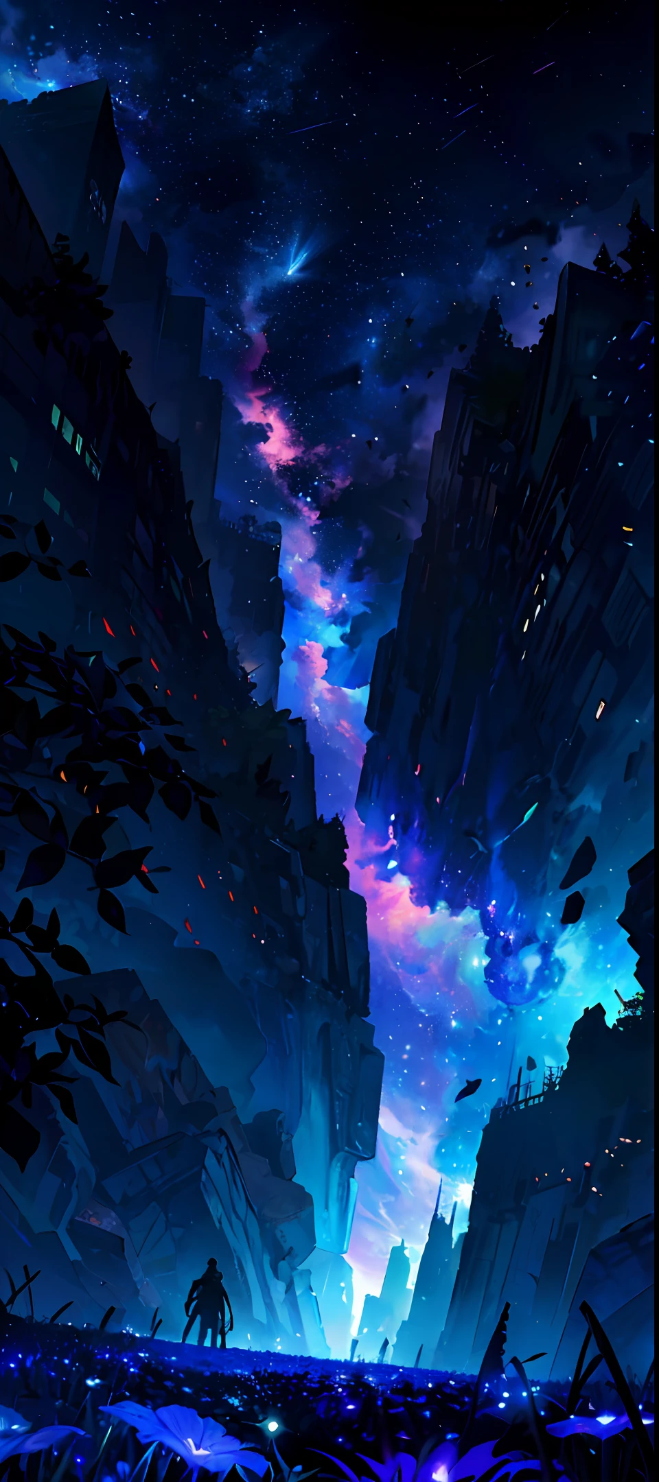 expansive landscape photograph , (a view from below that shows sky above and open field below), a girl standing on flower field looking up, (full moon:1.2), ( shooting stars:0.9), (nebula:1.3), distant mountain, tree BREAK
production art, (warm light source:1.2), (Firefly:1.2), lamp, lot of purple and orange, intricate details, volumetric lighting BREAK
(masterpiece:1.2), (best quality), 4k, ultra-detailed, (dynamic composition:1.4), highly detailed, colorful details,( iridescent colors:1.2), (glowing lighting, atmospheric lighting), dreamy, magical, (solo:1.2)