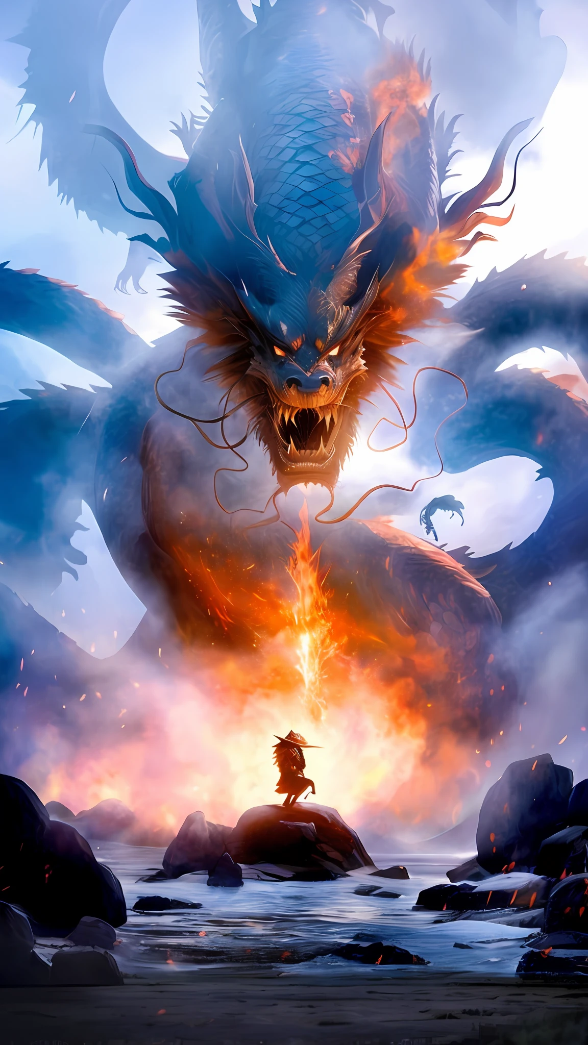 arafed image of a man sitting on a rock in front of a giant dragon, dragon in the background, epic dragon, battle with dragon, god of dragons, ''dragon breathing fire, dragon blowing fire above, chinese fantasy, dragon breathing fire, chinese dragon concept art, dragon flying in the background, man with the soul of a dragon