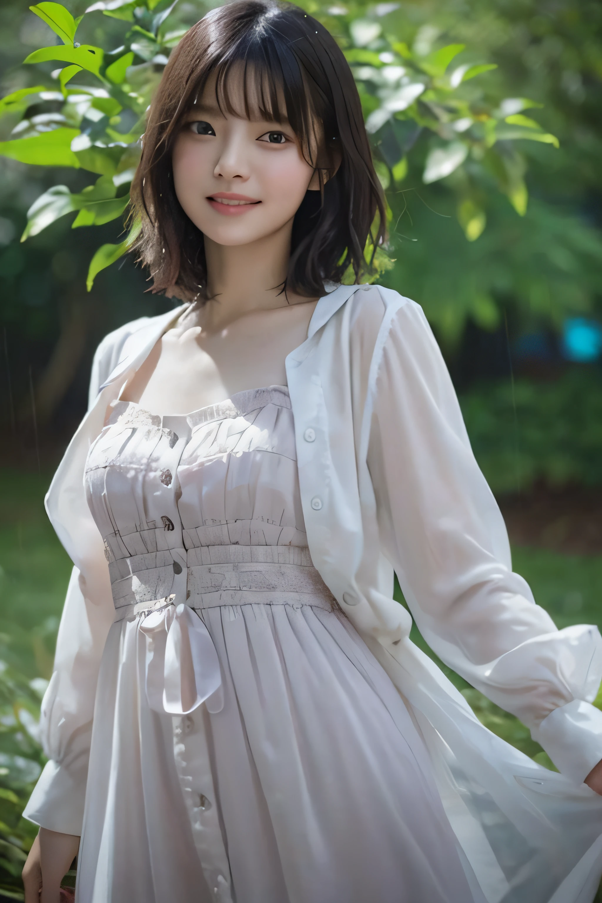 1.37), One girl, cute, woods, rain, wet, professional lighting, photon mapping, radiosity, physically based rendering, gradient black hair, gray hair, short curly hair, handsome, girl, dress, quality photo, high resolution, 1080p, (clear face), (detailed face description), (detailed hand description), (masterpiece), (exquisite CG), extreme light and shadow, disheveled hair, masterpiece, rich details, (fine features), (best quality photo), (masterpiece), (fine eyes), look in front of you, fine collarbone,,big smile,