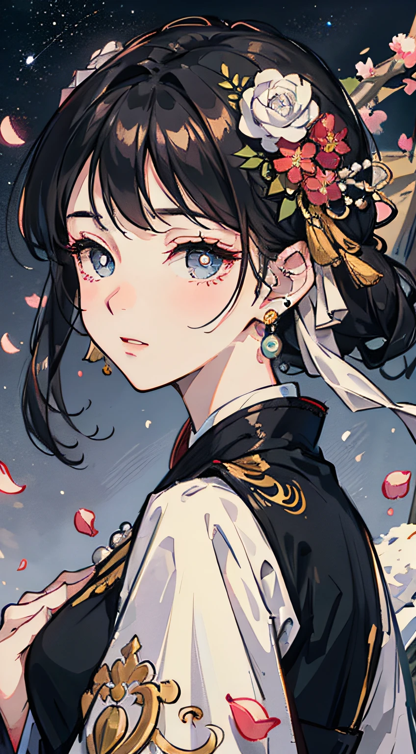 Mature girl , black hair, floating hair, delicate and smart eyes, starry pupils, intricate damask hanfu, gorgeous accessories, wearing pearl earrings, FOV, f1.8, masterpiece, complex scene, flower petals flying, front portrait shot, Chang'e --auto