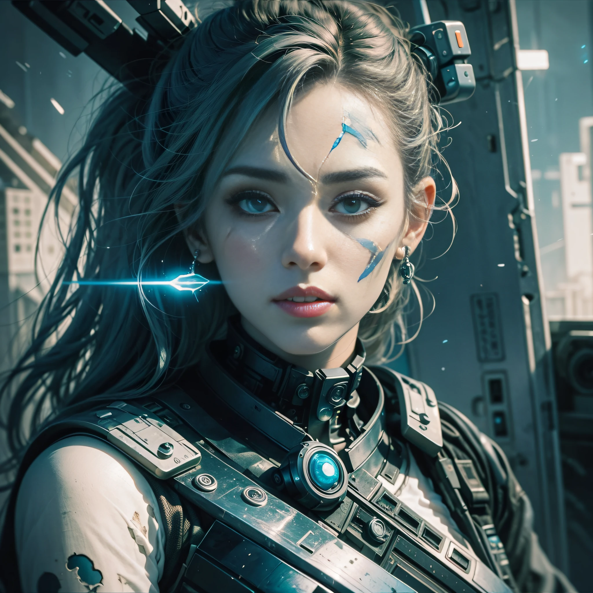 An old Chinese girl, full body, amazing facial features, sharp eyes, cyberpunk, holographic aura, surreal sci-fi art, futuristic sci-fi aesthetics, hanfu (tattered, torn, burnt), mecha, complex design, game model, movie edge light, exquisite light, masterpiece, ultra-detailed, epic composition, ultra hd, high quality, highest quality, 32k --niji 5